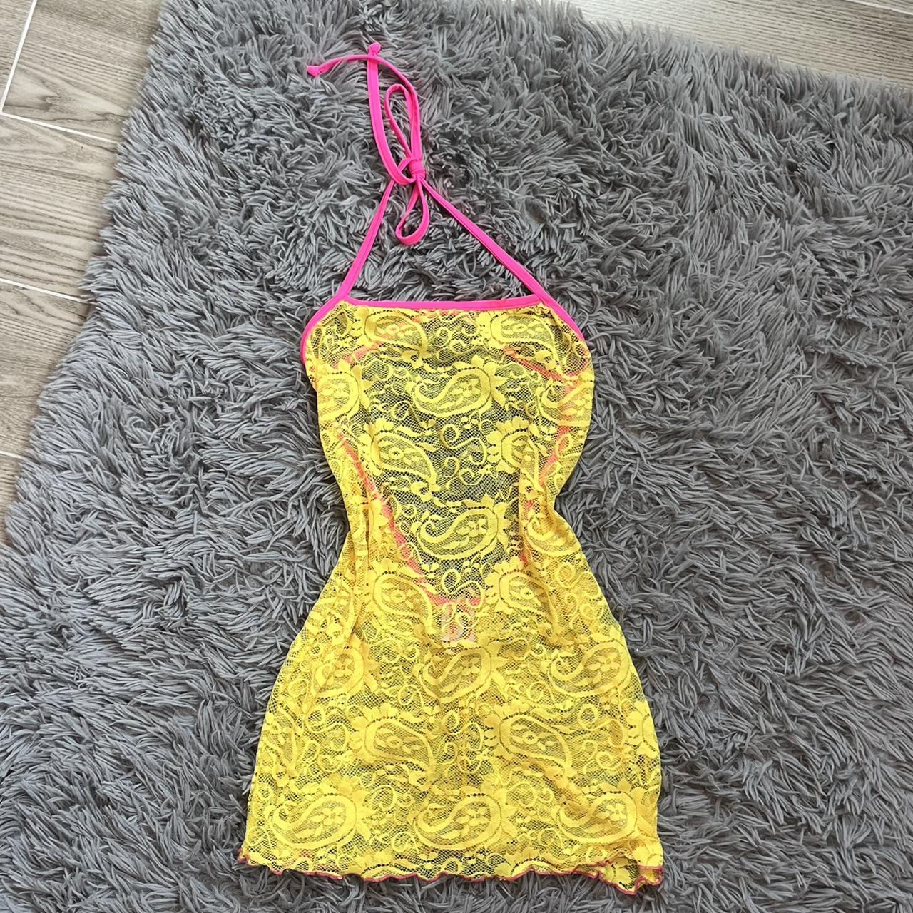 Repop! cutest yellow & hot pink lace coverup /... - Depop