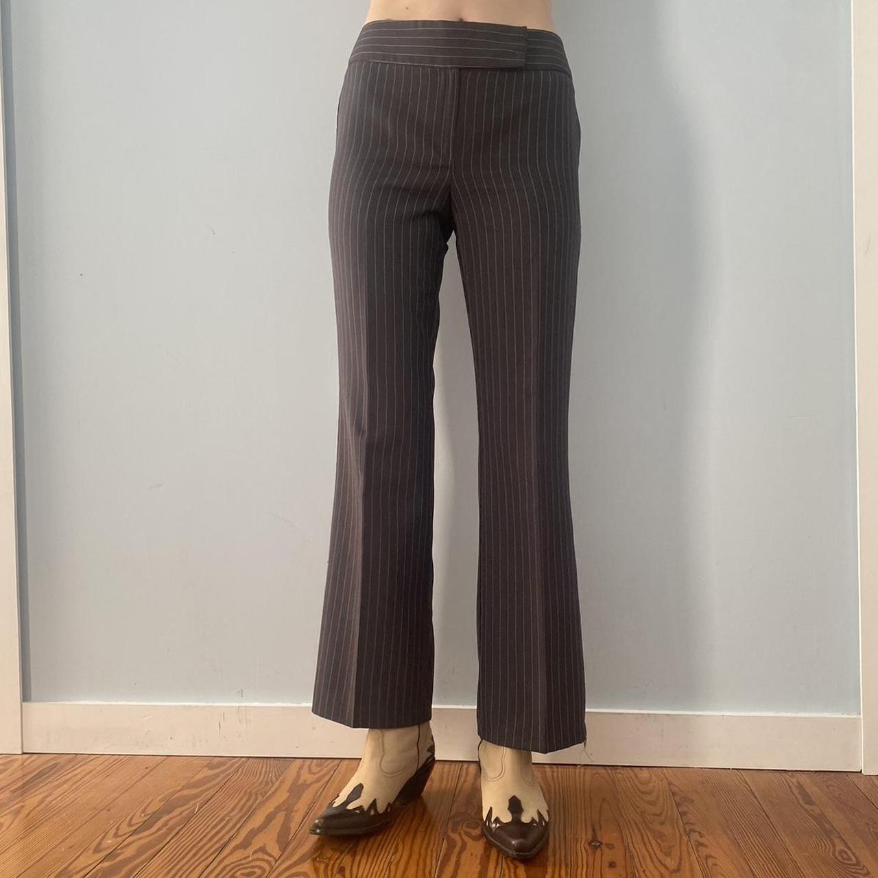 Vintage y2k grey pinstripe mid rise trousers. Flared... - Depop