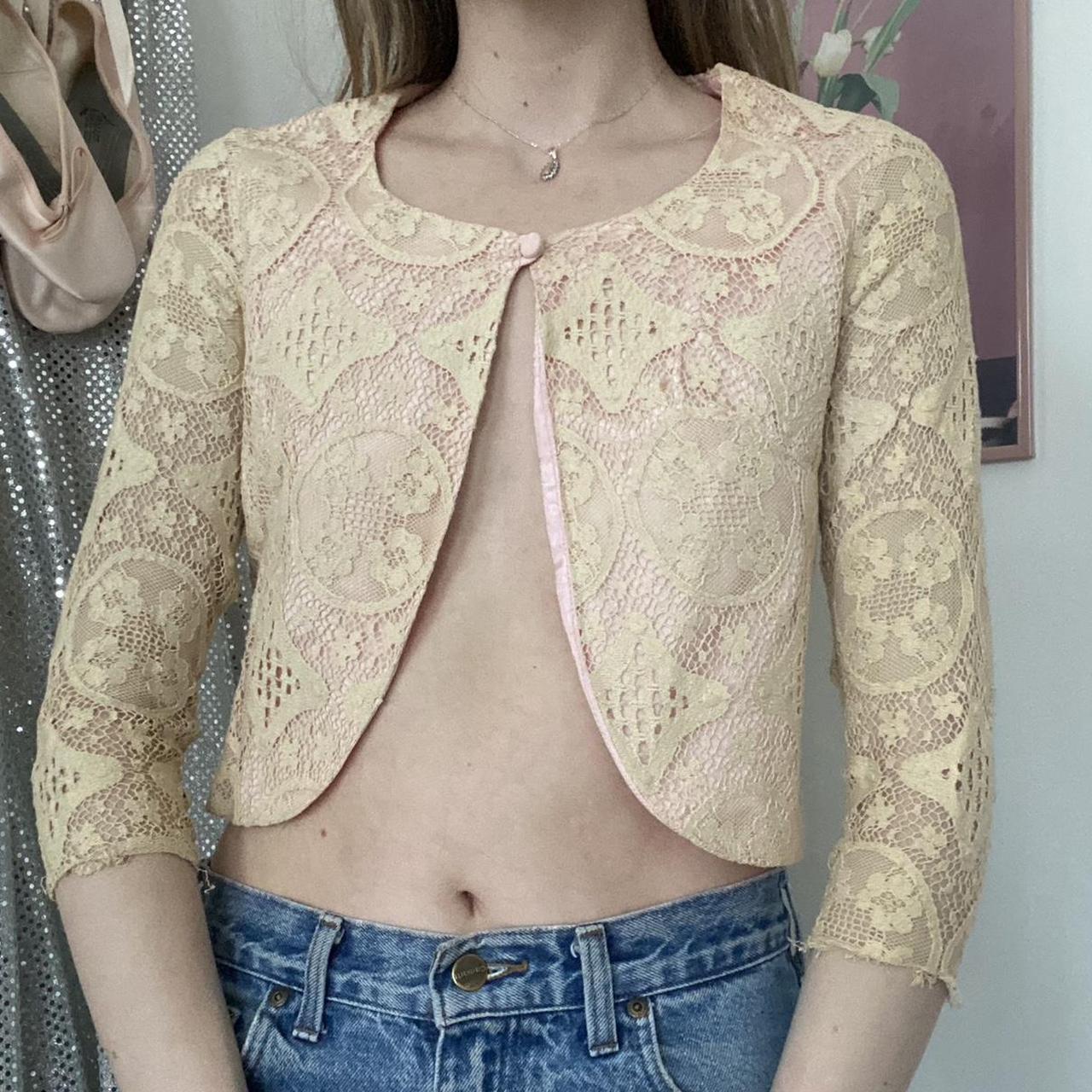 American Vintage Women's Pink and Cream Cardigan Depop