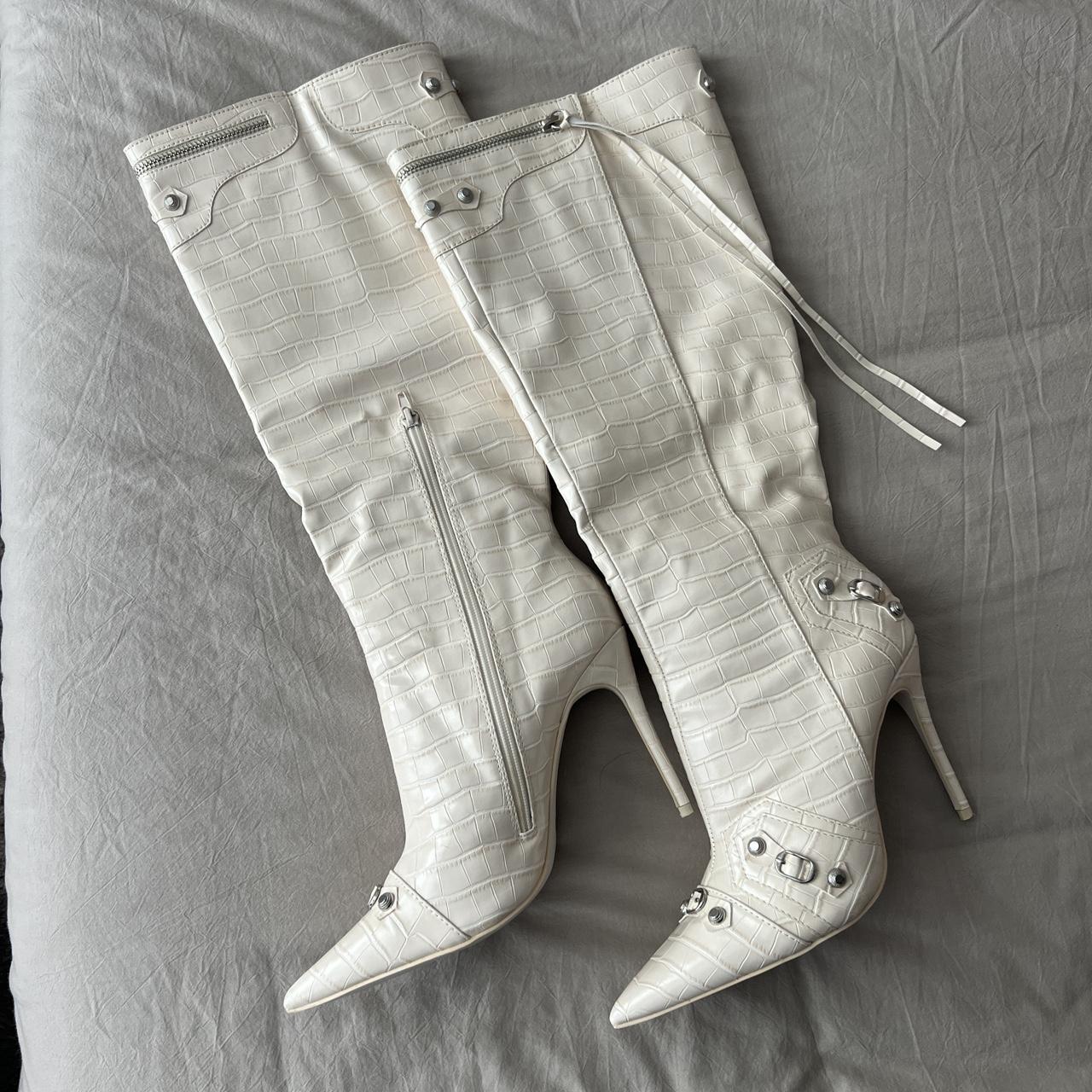 white croc pointed toe, studded knee high boots W10.... - Depop