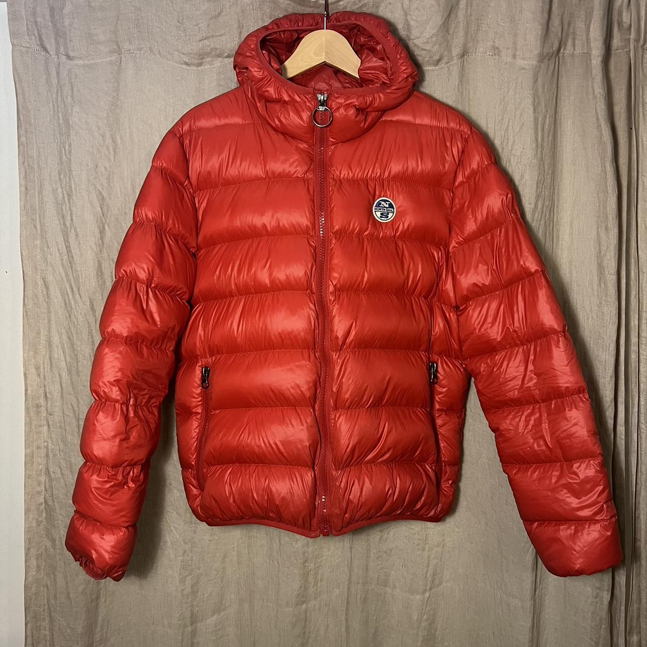 Men's north sails red puffer jacket down filled size... - Depop