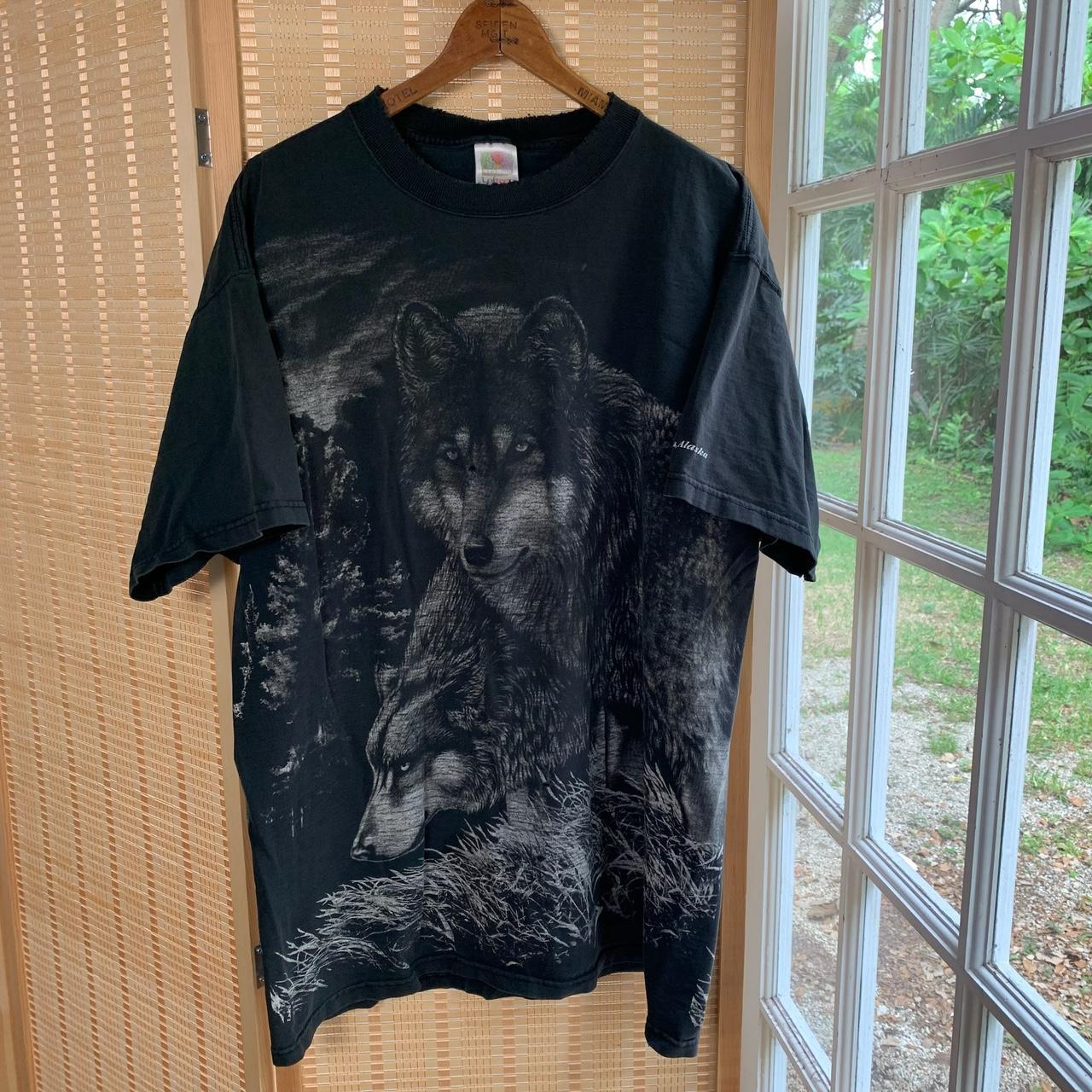 Vintage Alaska wolf all over print black T-shirt... - Depop