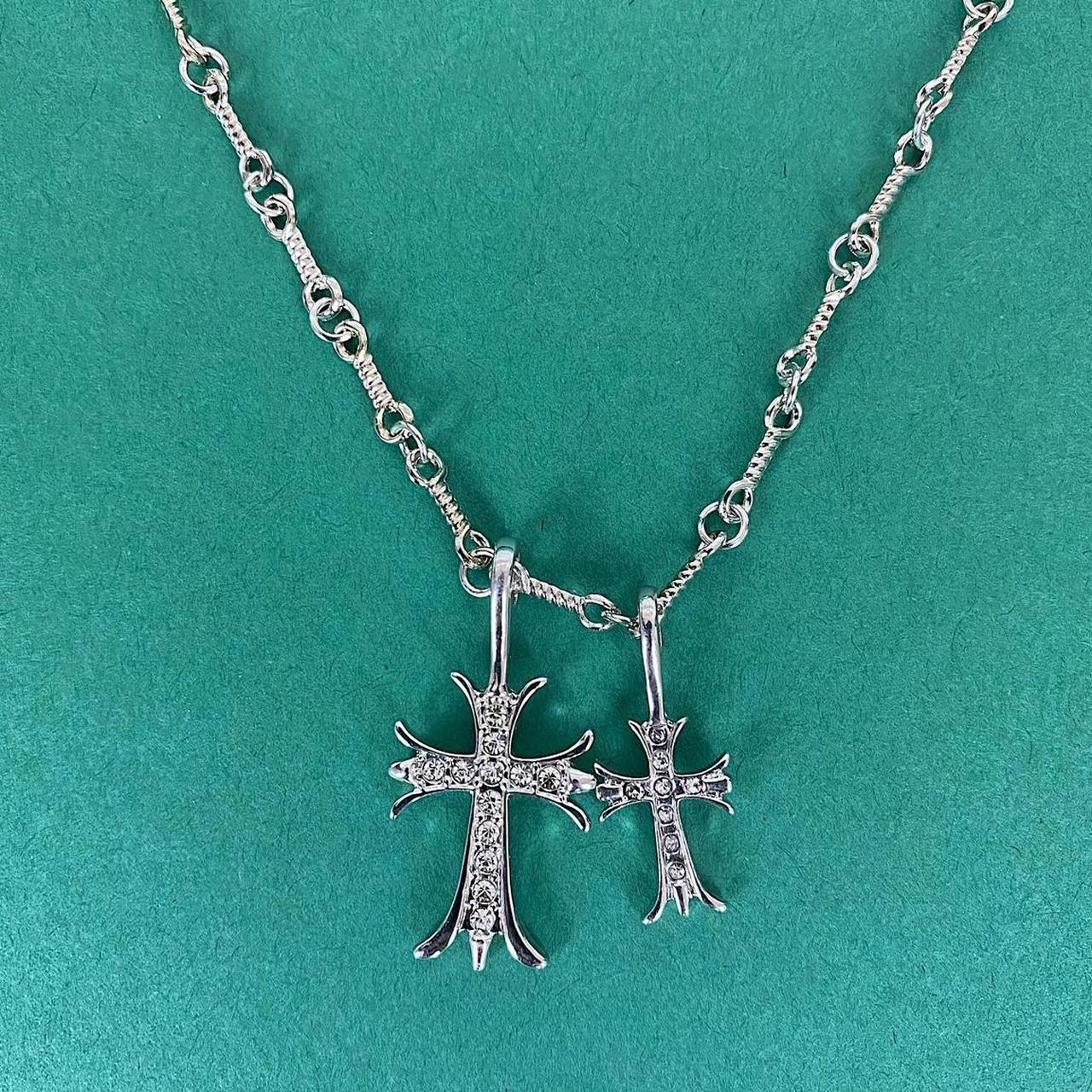 Vintage y2k style Double Cross Silver Necklace.... Depop