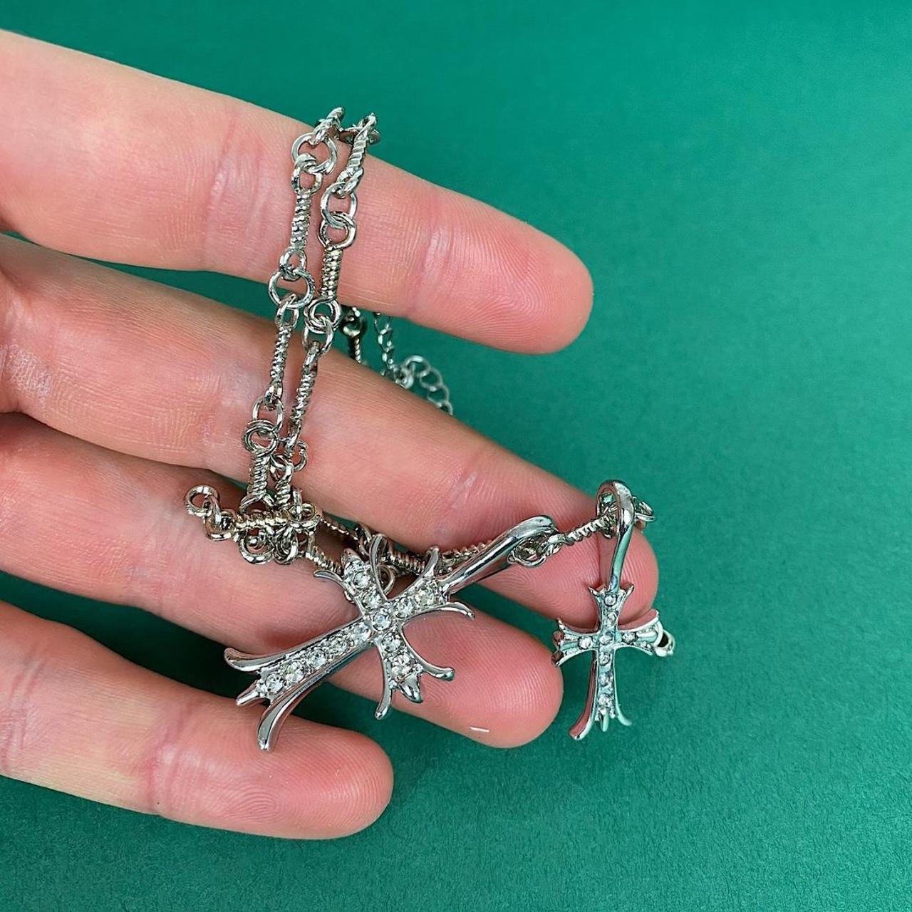 Vintage y2k style Double Cross Silver Necklace.... - Depop