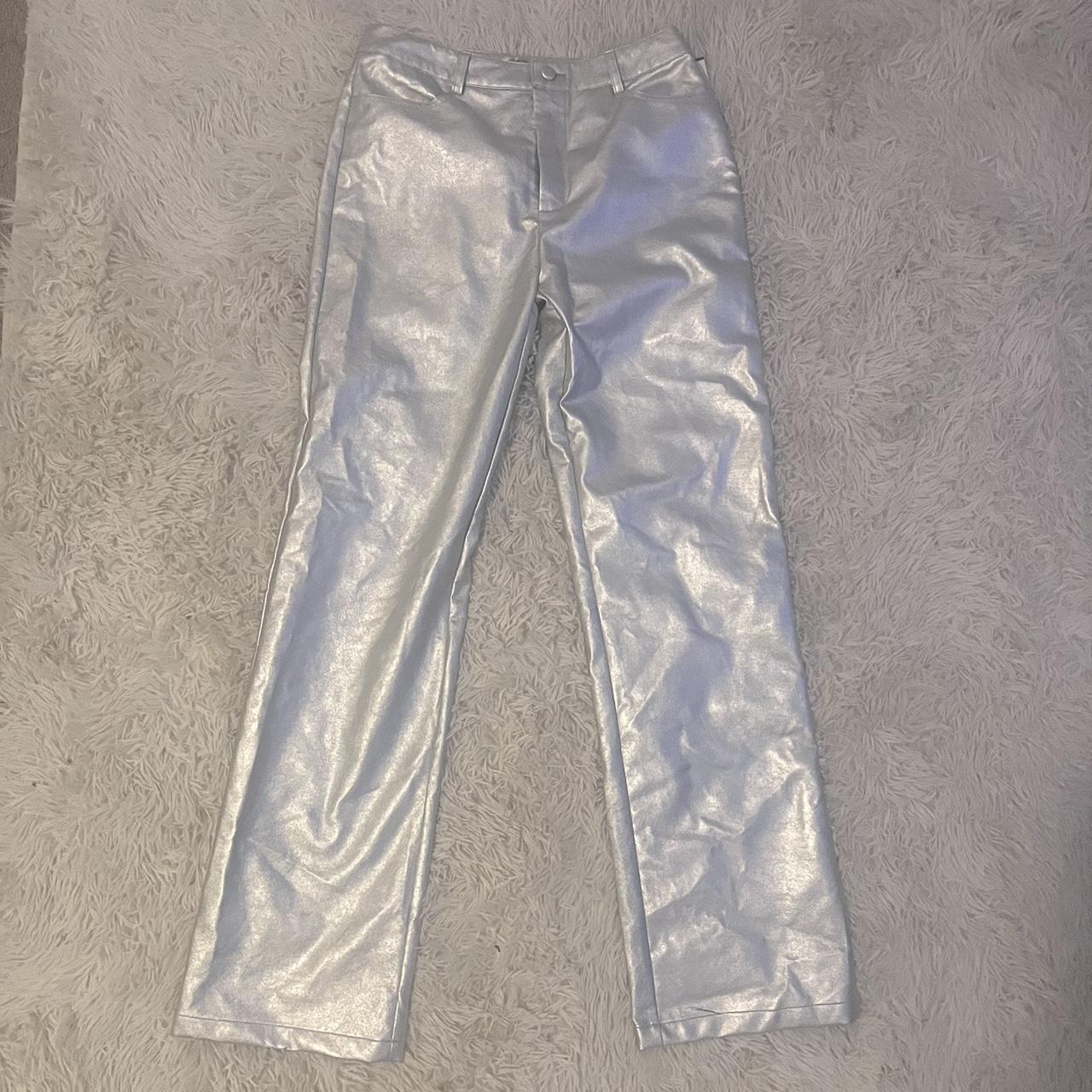 Buy Go Colors Women Solid Polyester Mid Rise Shiny Pants - Silver Online