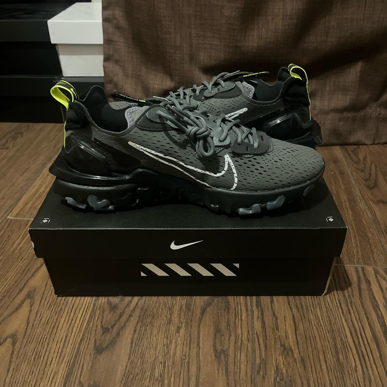 nike react vision trainers in beige and green glow