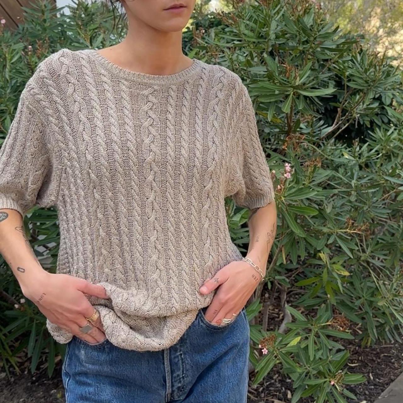 Vintage tan knit shortsleeve sweater top 78% silk... - Depop