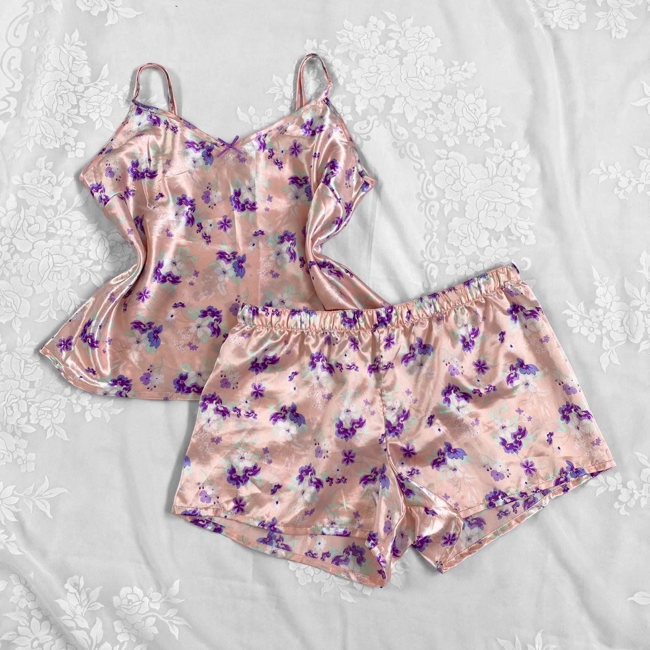 Coquette angel pink + purple floral cami and shorts... - Depop