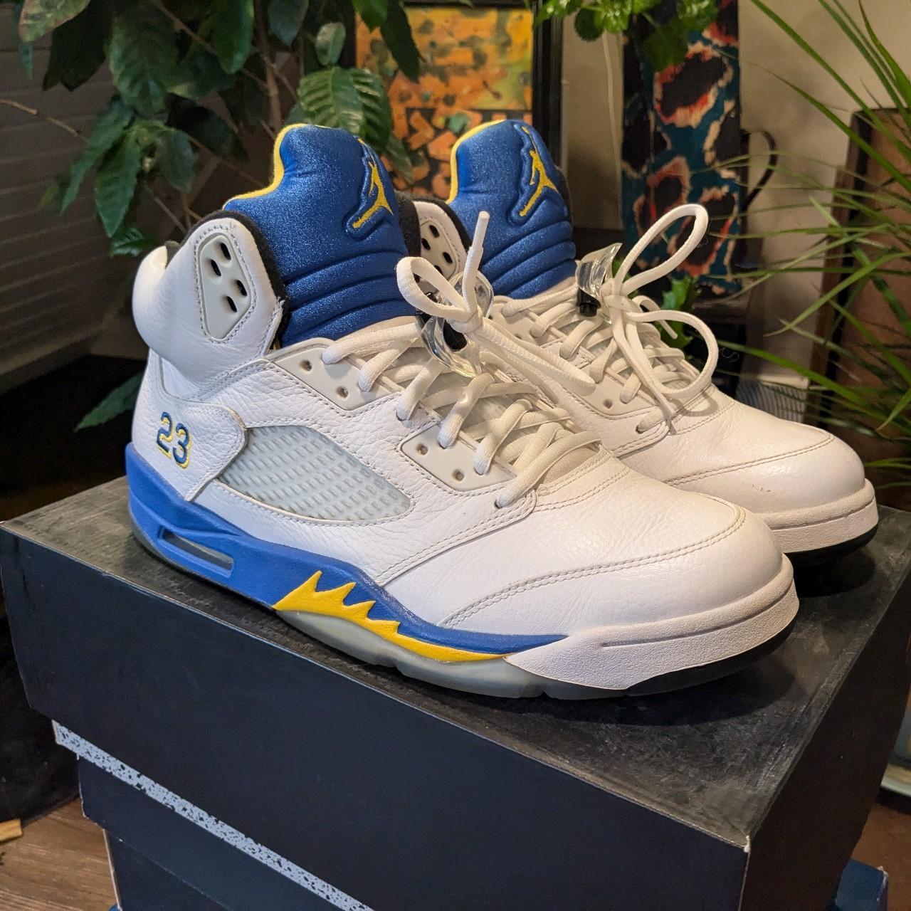 Air Jordan Laney 5 white blue yellow basketball. Depop