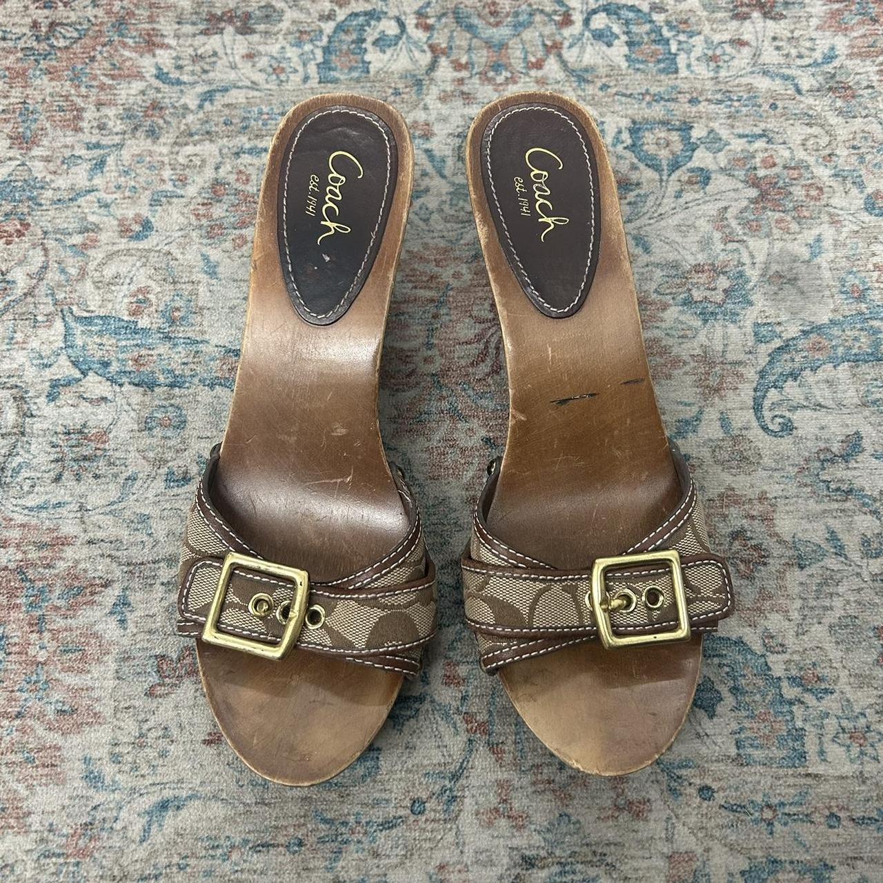 coach brown wooden wedge heels size: 10 condition:... - Depop