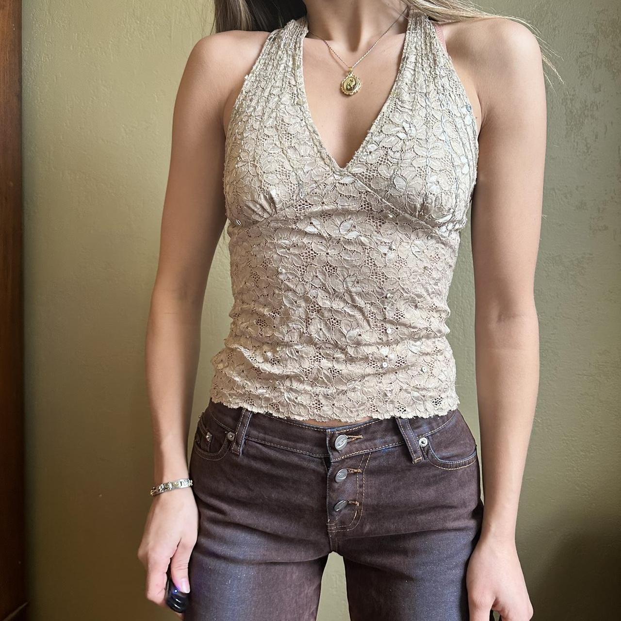 Nude 90s halter lace tank with gorgeous chain link