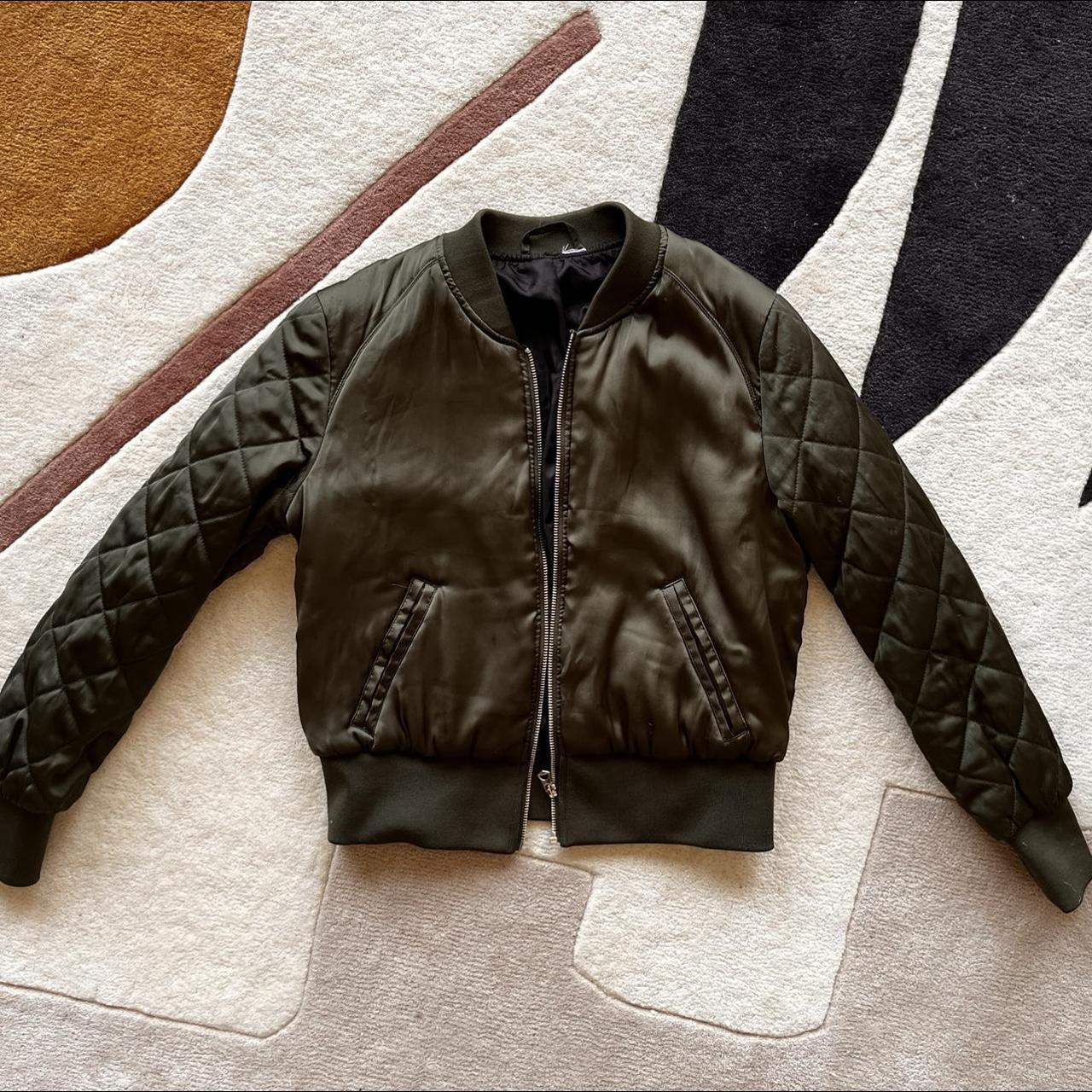 Metallic green satin bomber jacket. Fits a large xs... Depop