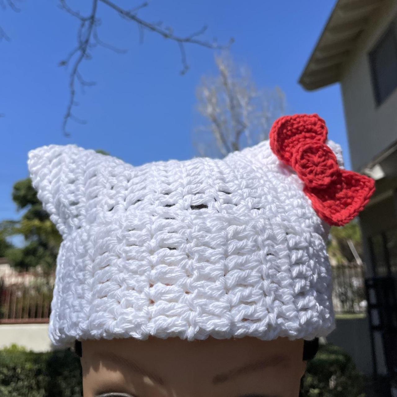 Sanrio Hello kitty red bow crochet handmade beanie... - Depop