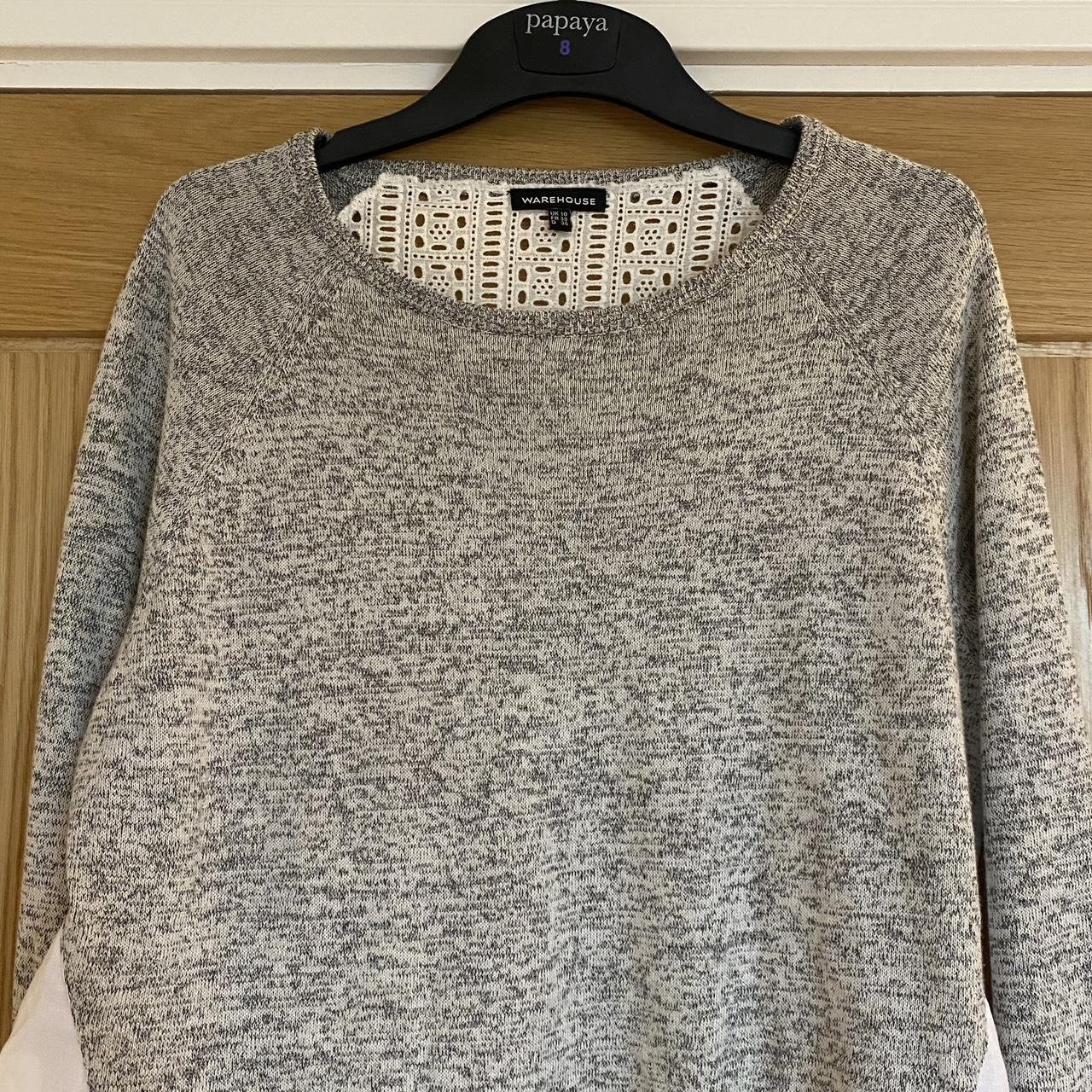 Warehouse grey thin knit jumper with white crochet. Depop