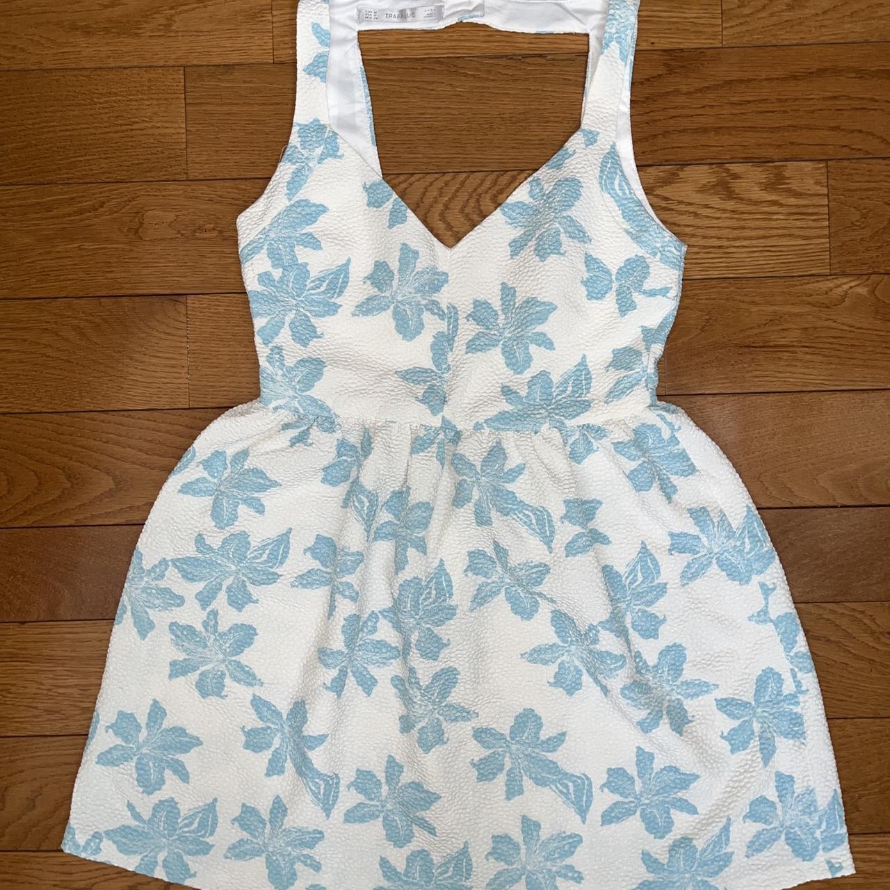 Zara blue and white floral open back dress size... Depop