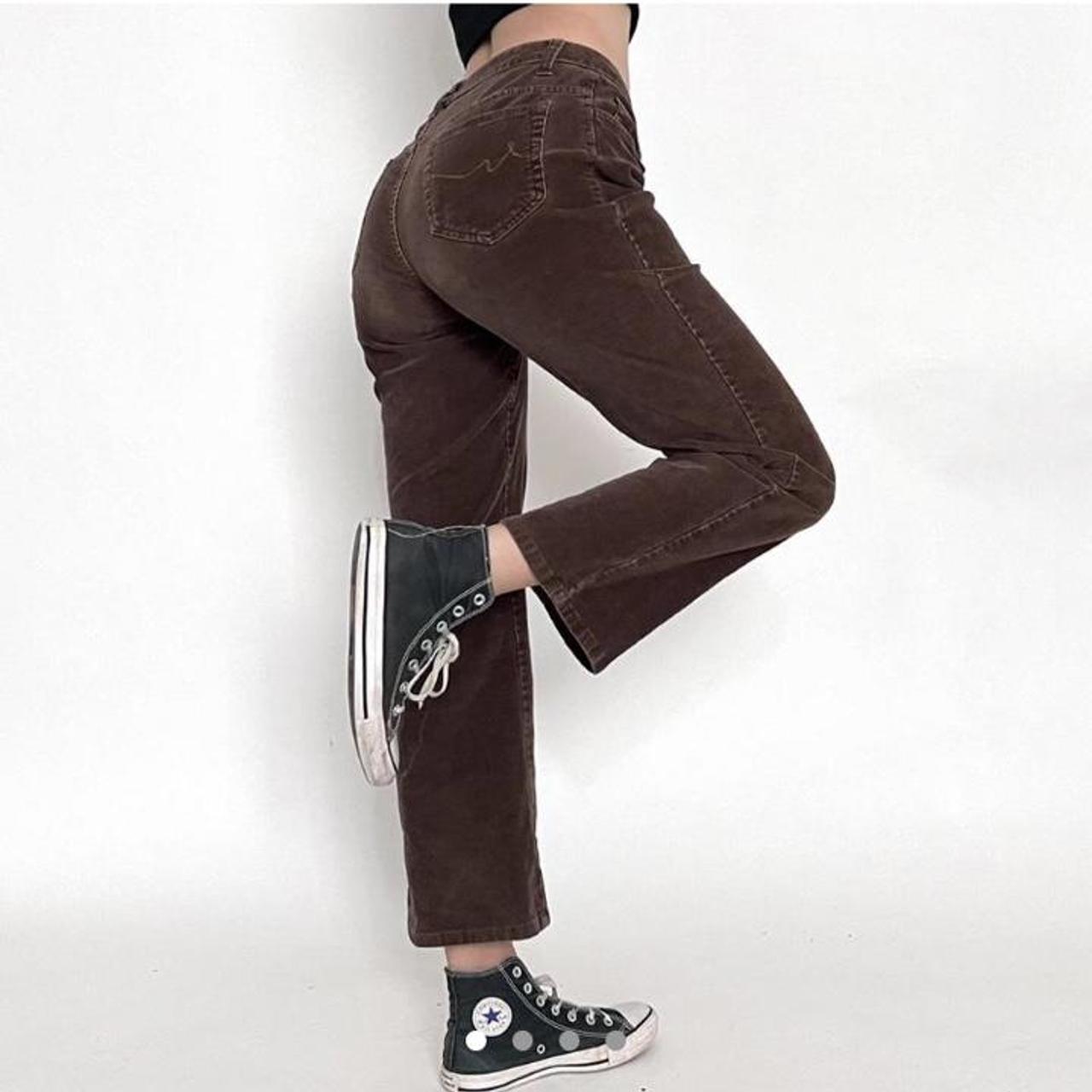 brown corduroy pants, mid-rise flare