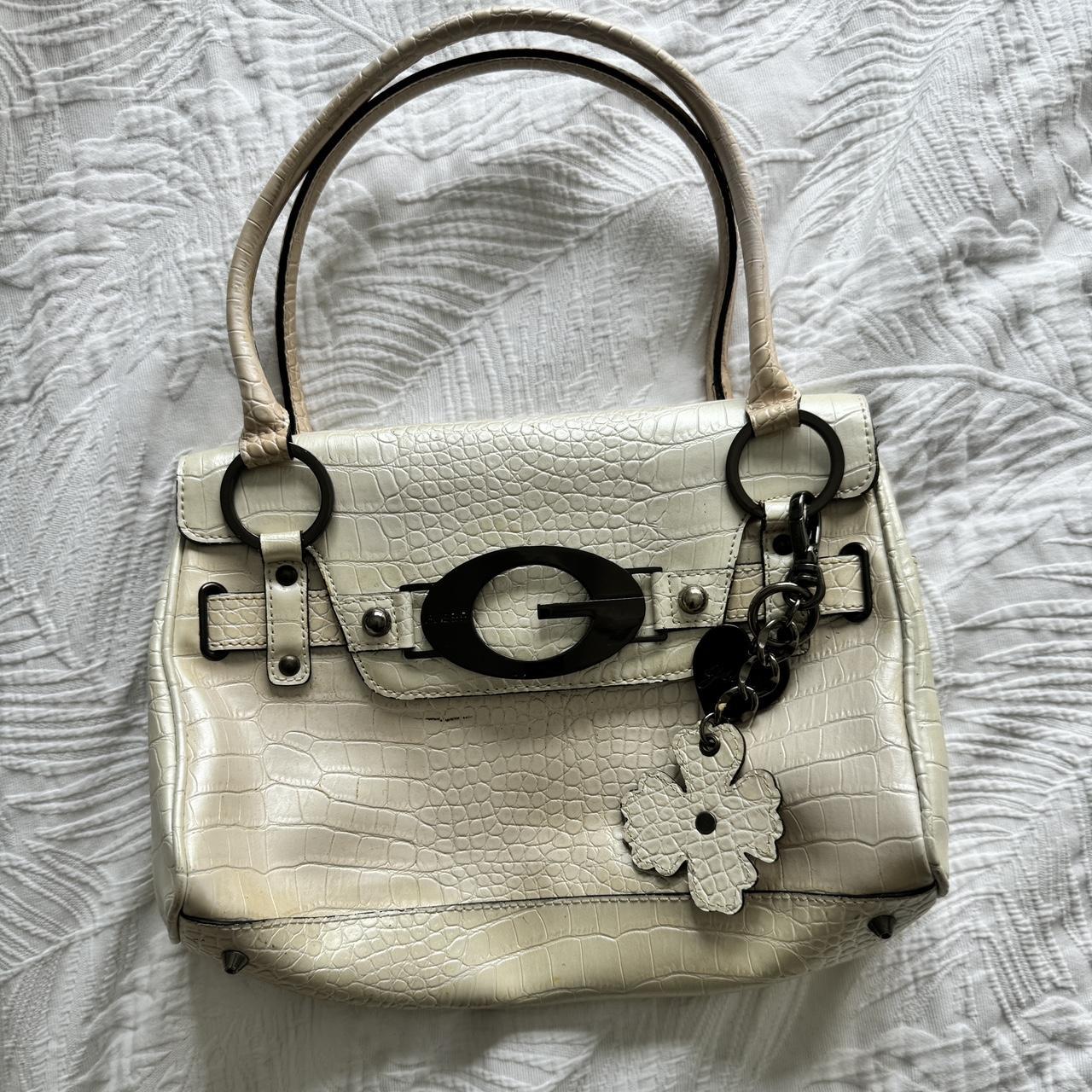 cream guess bag, with keychain, pink highlighter... - Depop