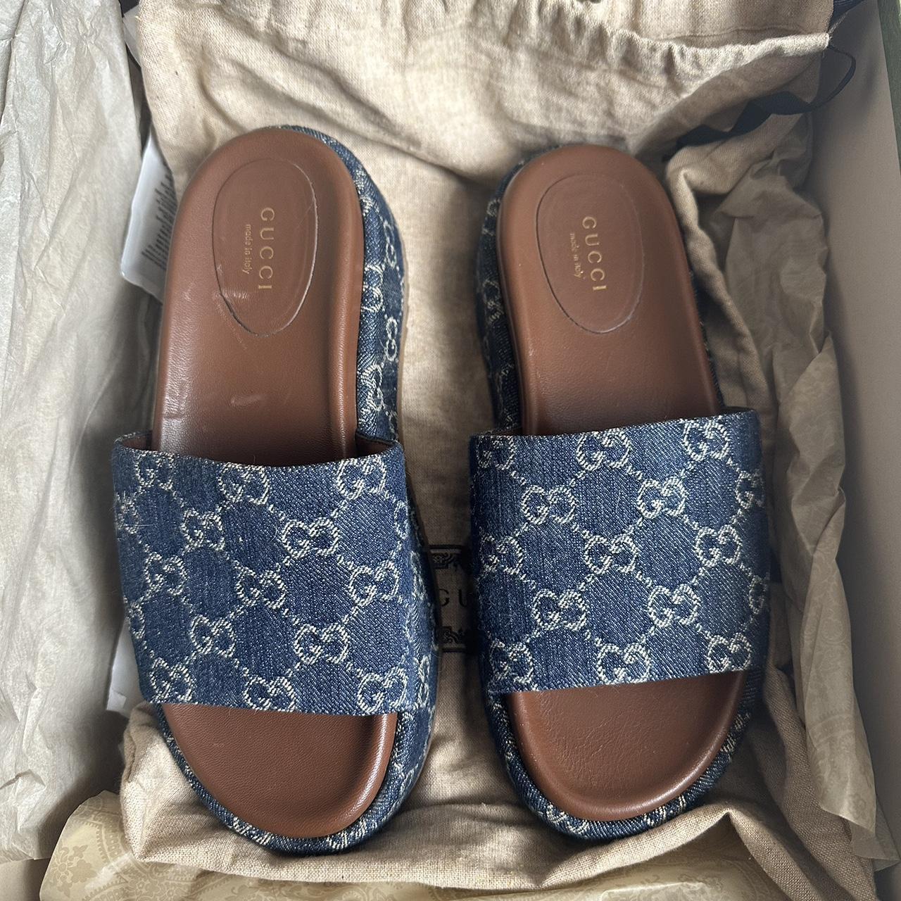 Gucci 55mm Jacquard denim platform slides Come... Depop