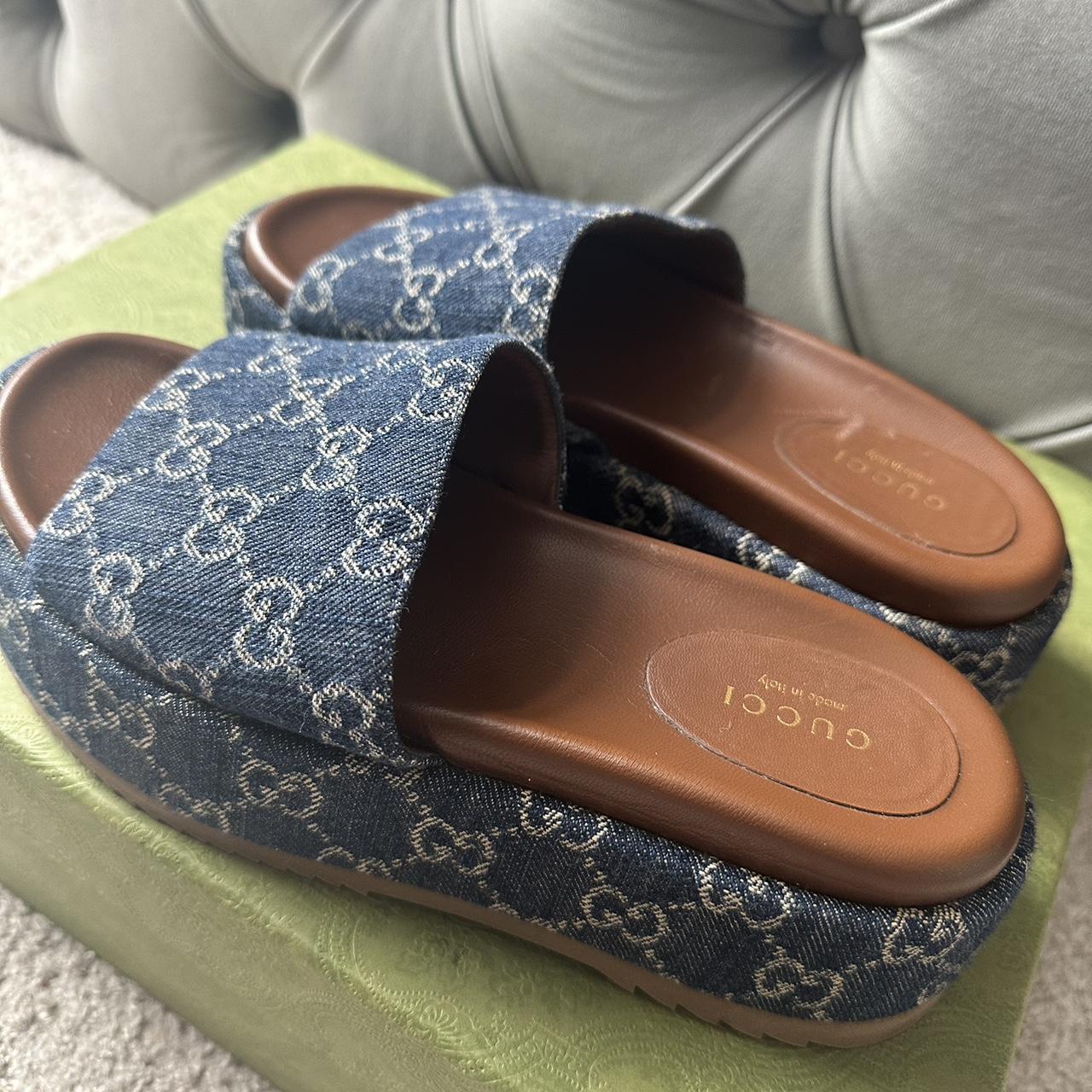 Gucci 55mm Jacquard denim platform slides Come... - Depop