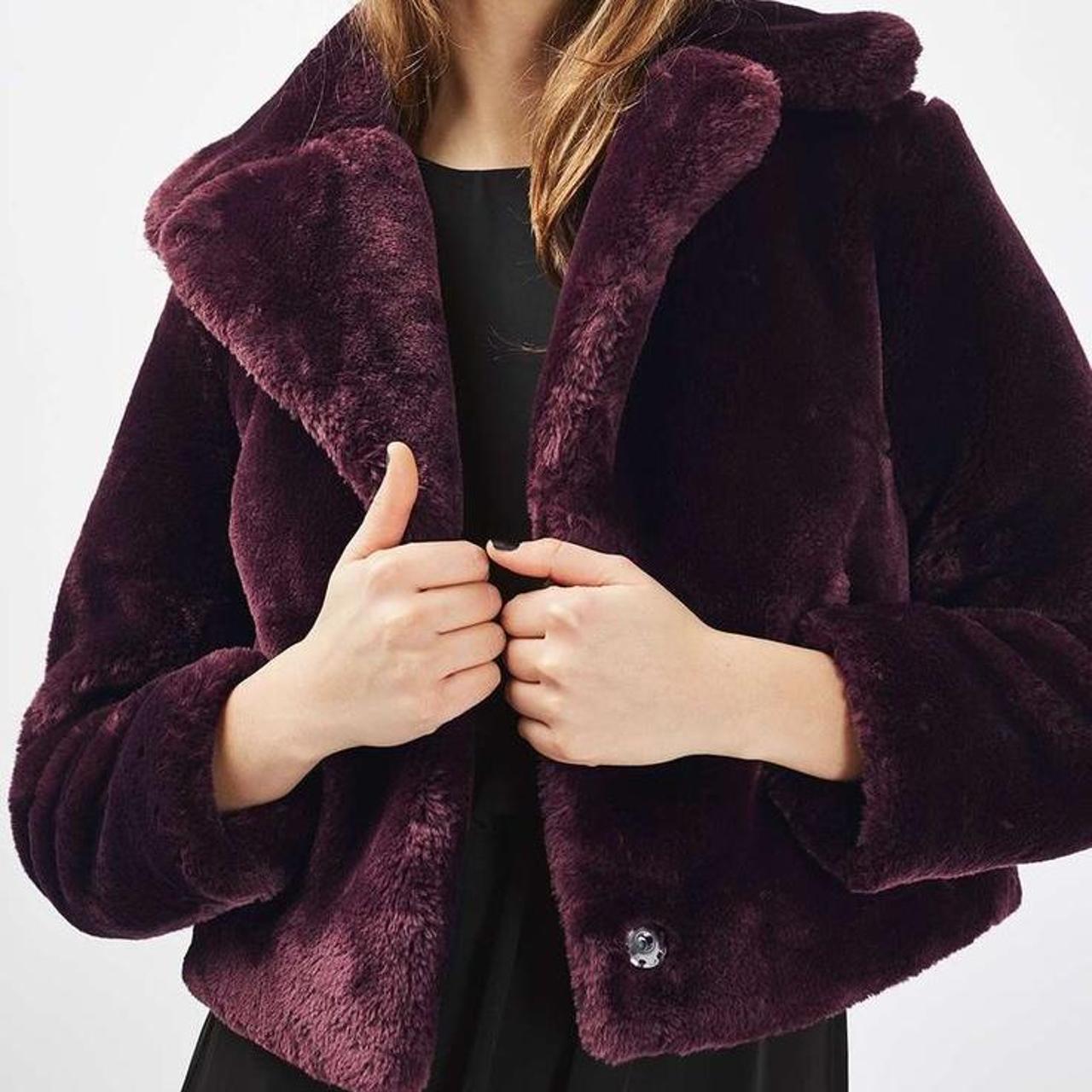 teddy/ faux fur coat in a burgundy / purple... Depop