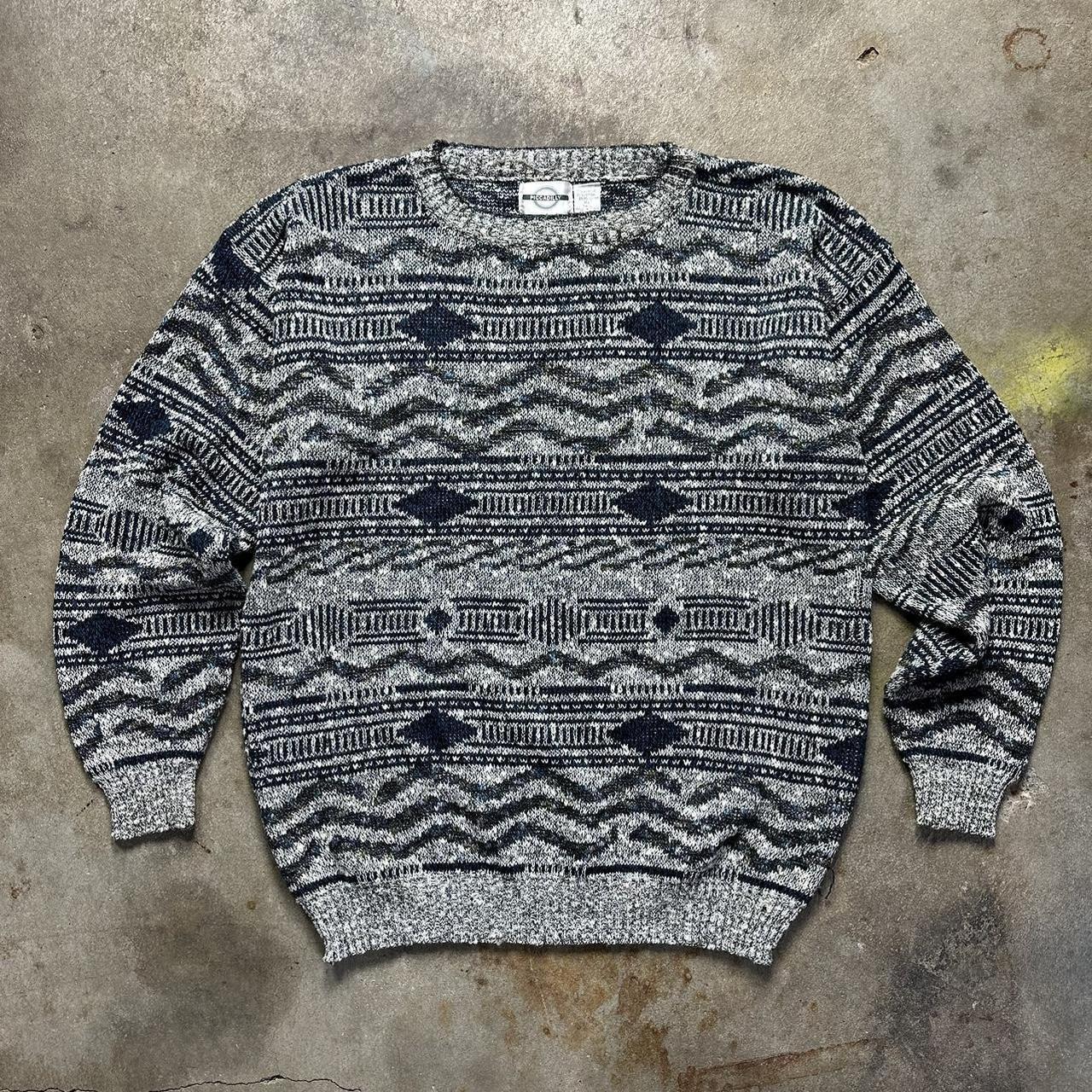 Vintage Men’s hot Grey & Blue Knit Grandpa Sweater