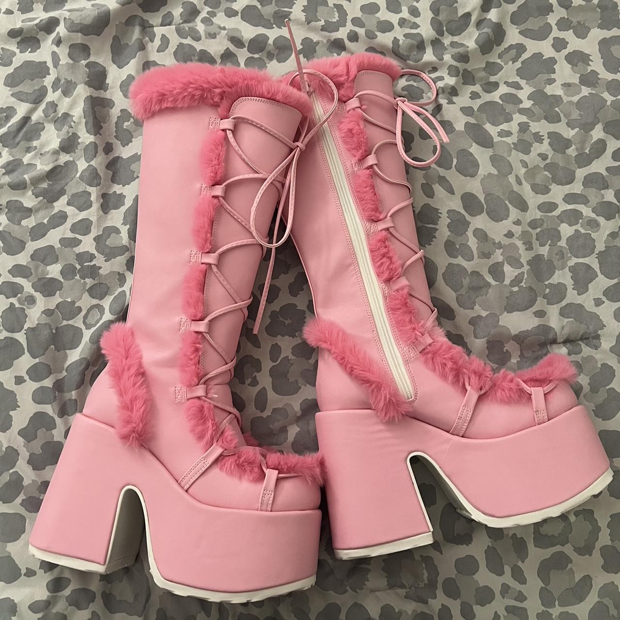 Demonia Women's Pink and White Boots | Depop