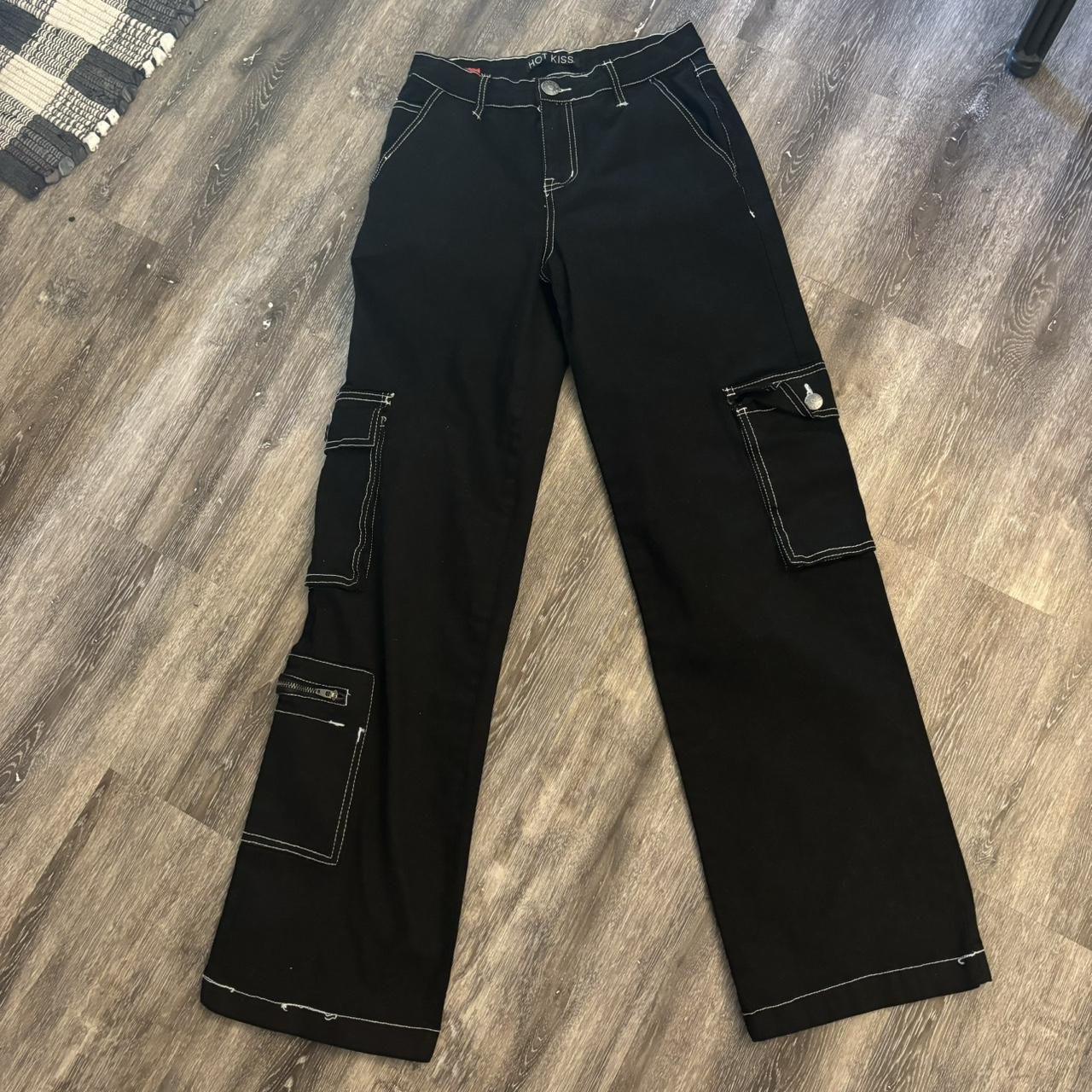 Black mid rise wide leg cargo pants with white. Depop