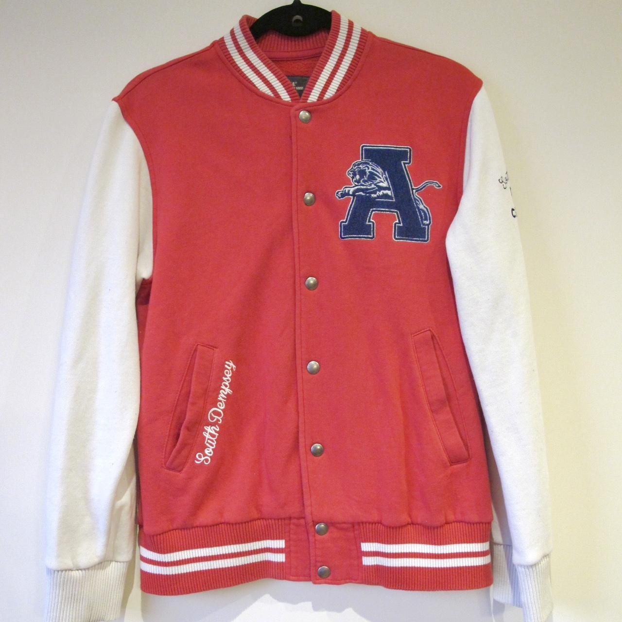 Varsity 'H&M' Red baseball jacket with white... Depop