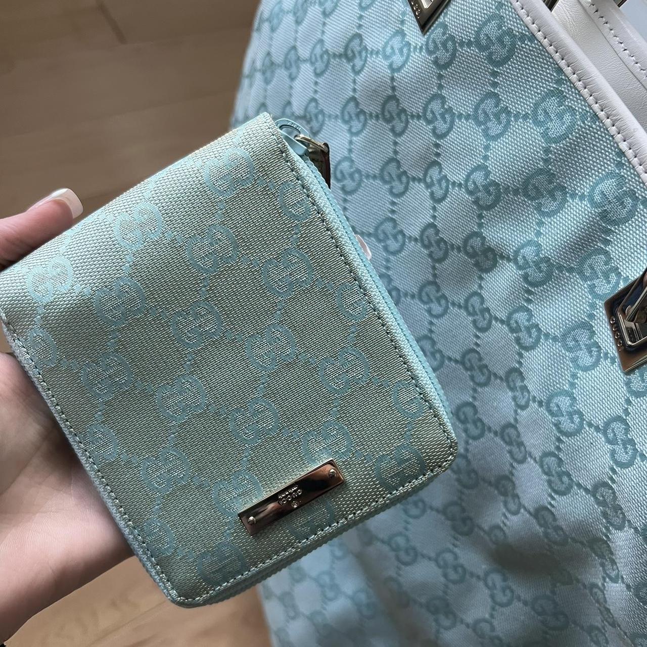 Baby blue vintage Gucci tote bag and wallet. Can... - Depop