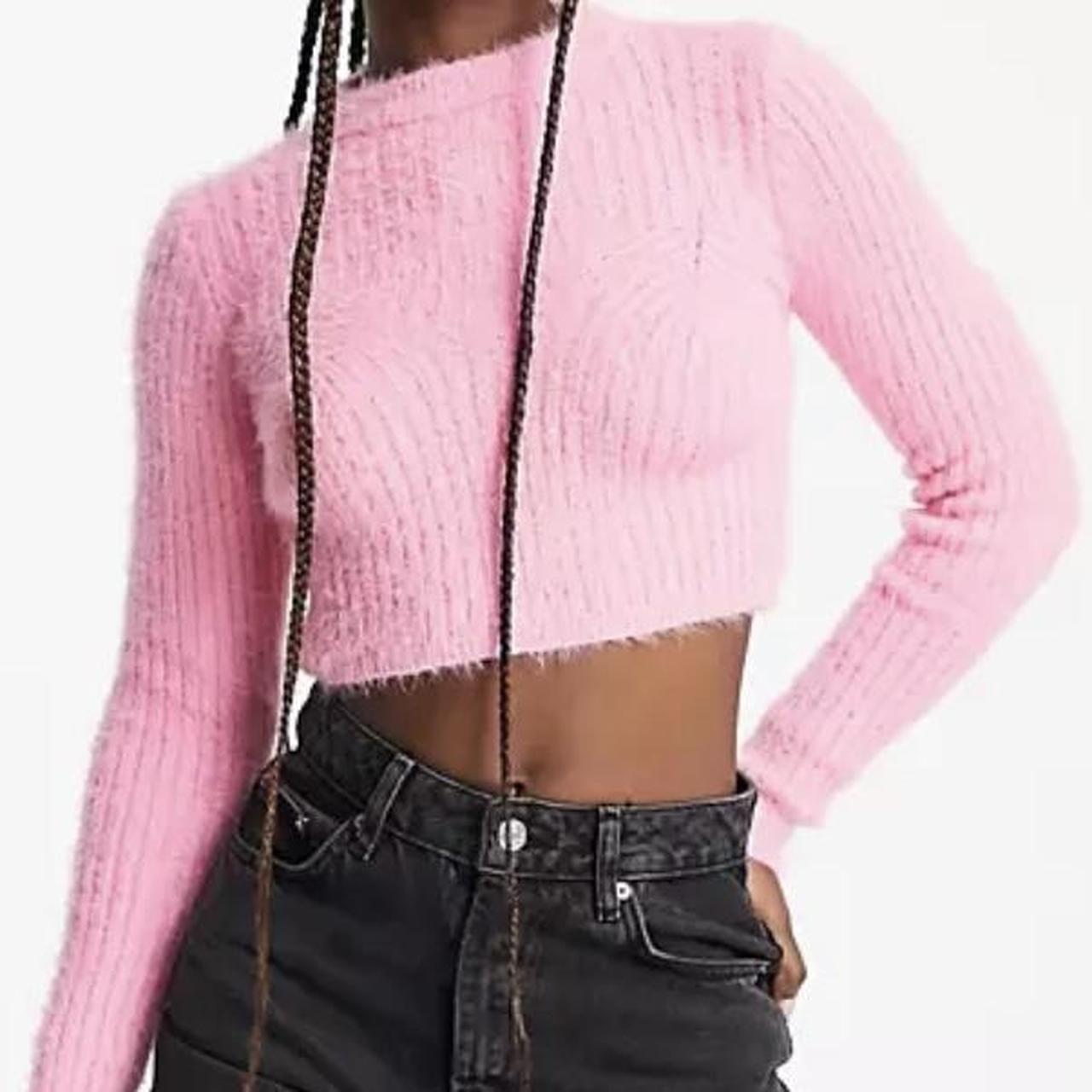 Pink fuzzy bershka cropped sweater Depop