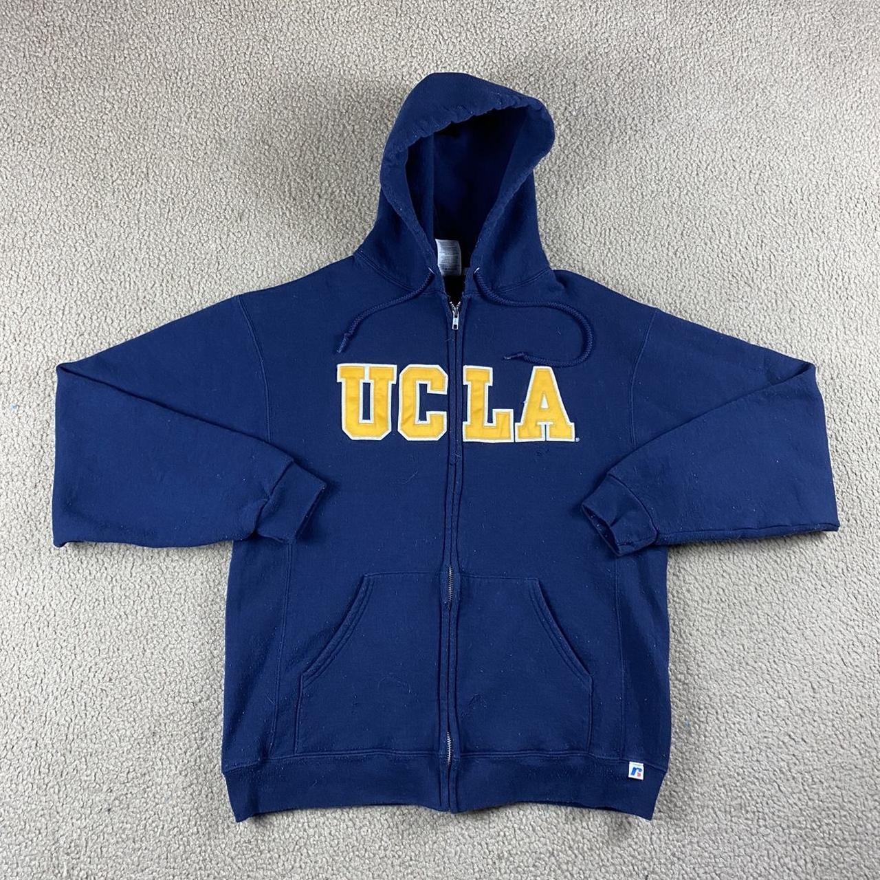 Russell Athletic Men's Navy and Yellow Hoodie Depop