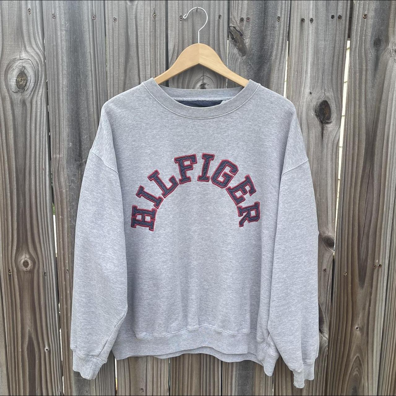 Vintage Tommy Hilfiger Spell Out Patch Heather Crew... - Depop