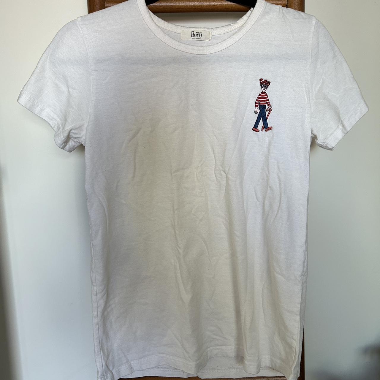 white t-shirt with embroidered Waldo bought in... - Depop