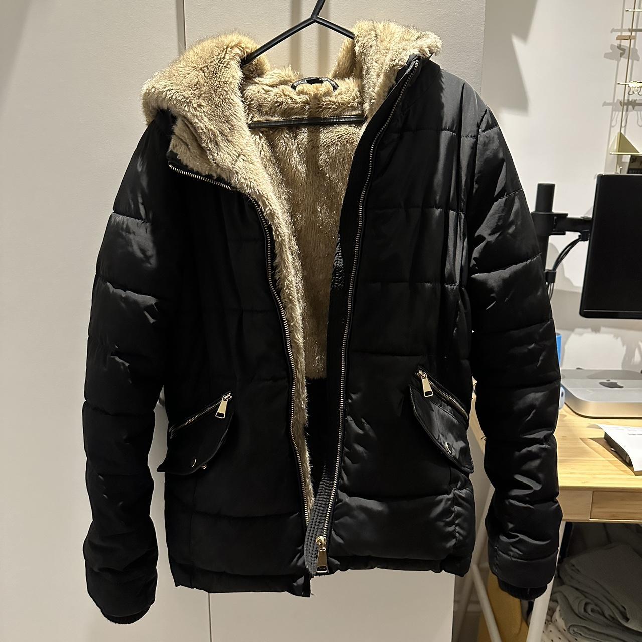 ZARA black puffer coat with brown faux fur lining... - Depop