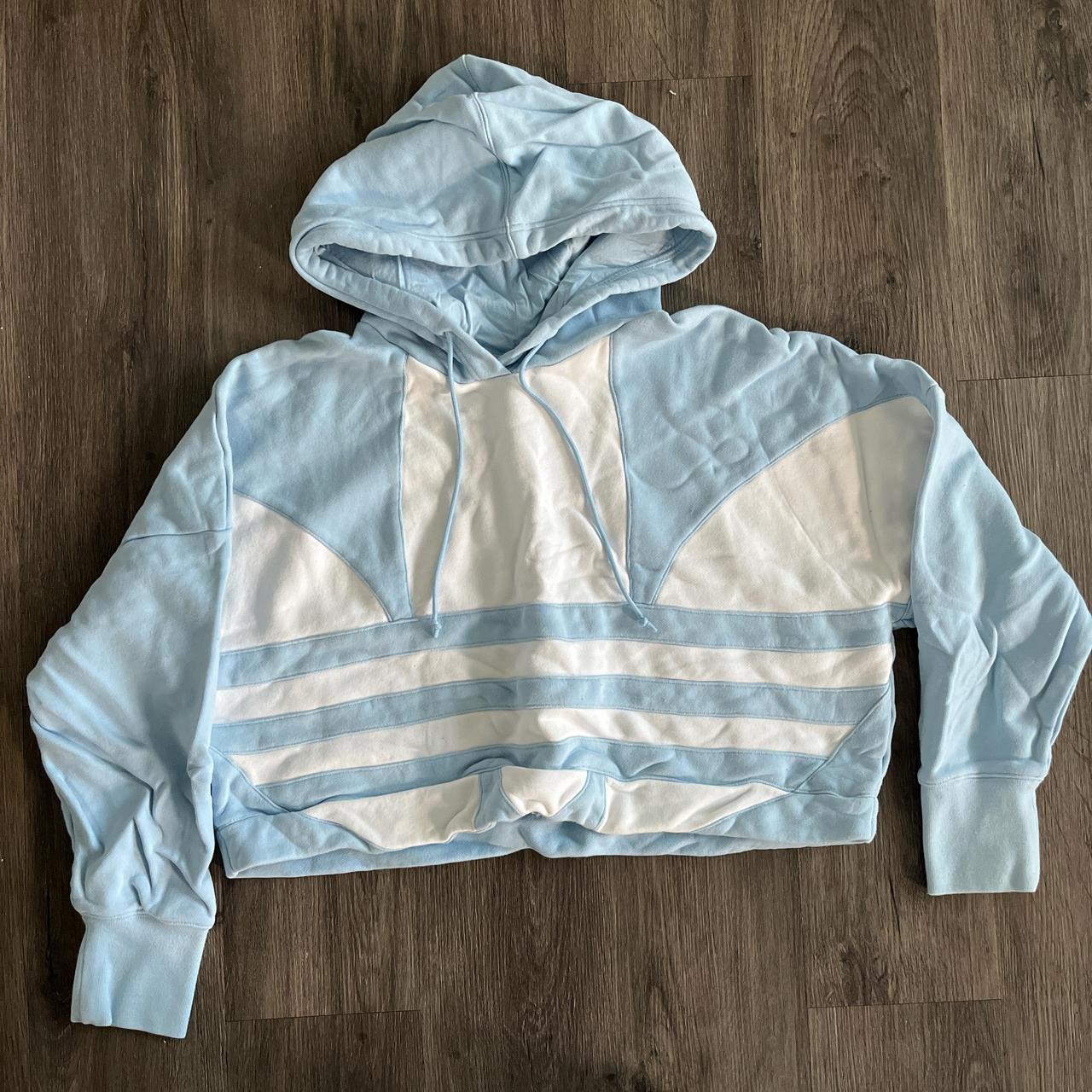 Adidas baby blue white cropped hoodie Barely. Depop