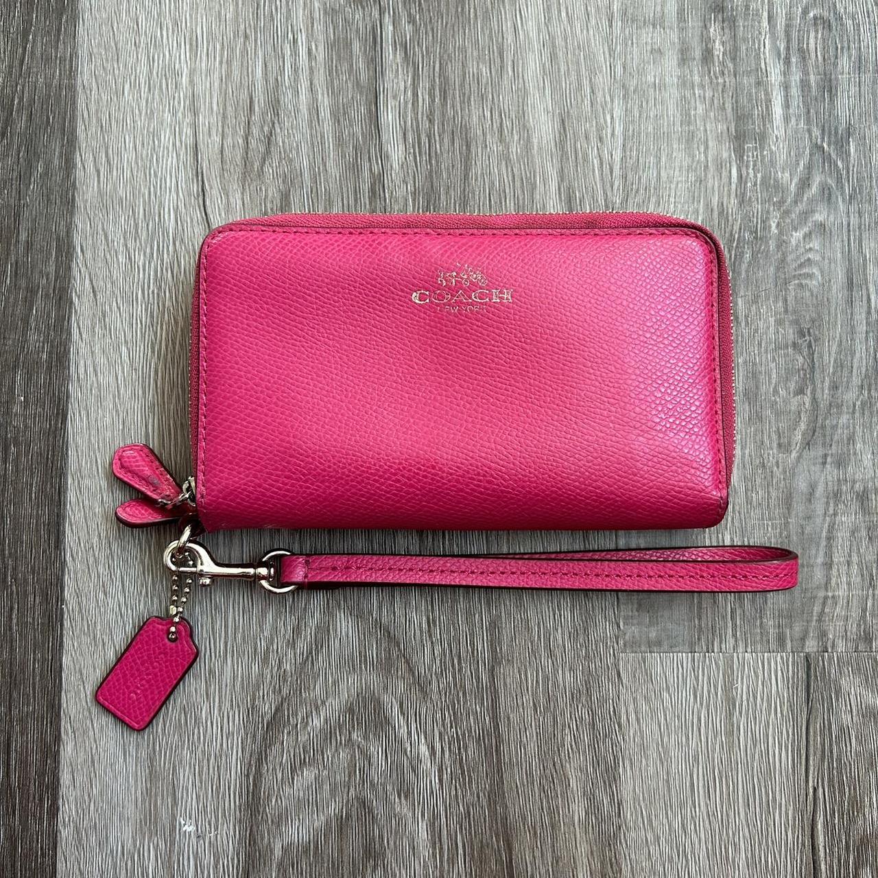 COACH hot pink and gold pebble textured wristlet... - Depop