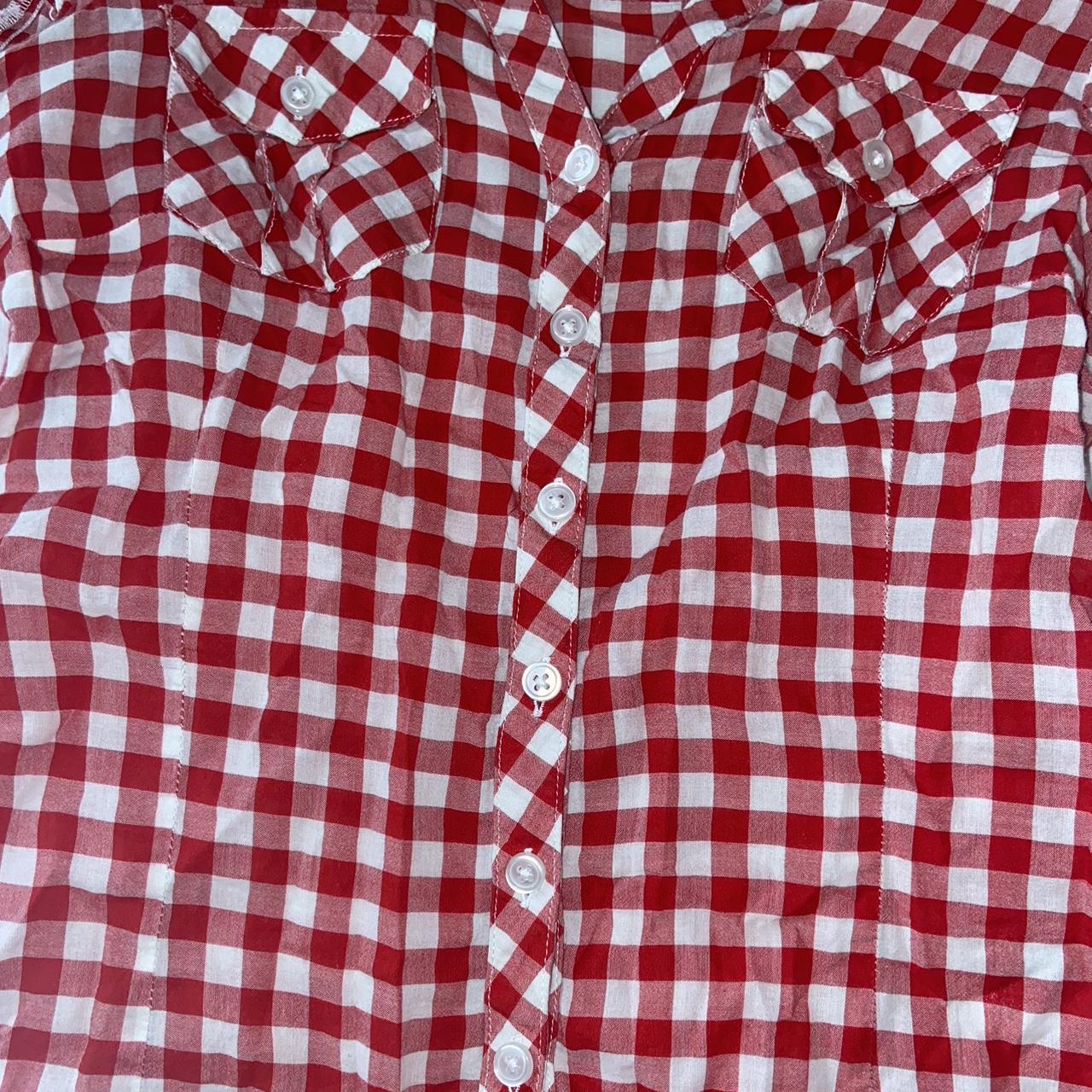 amazing h&m red gingham button up blouse with puffed... - Depop