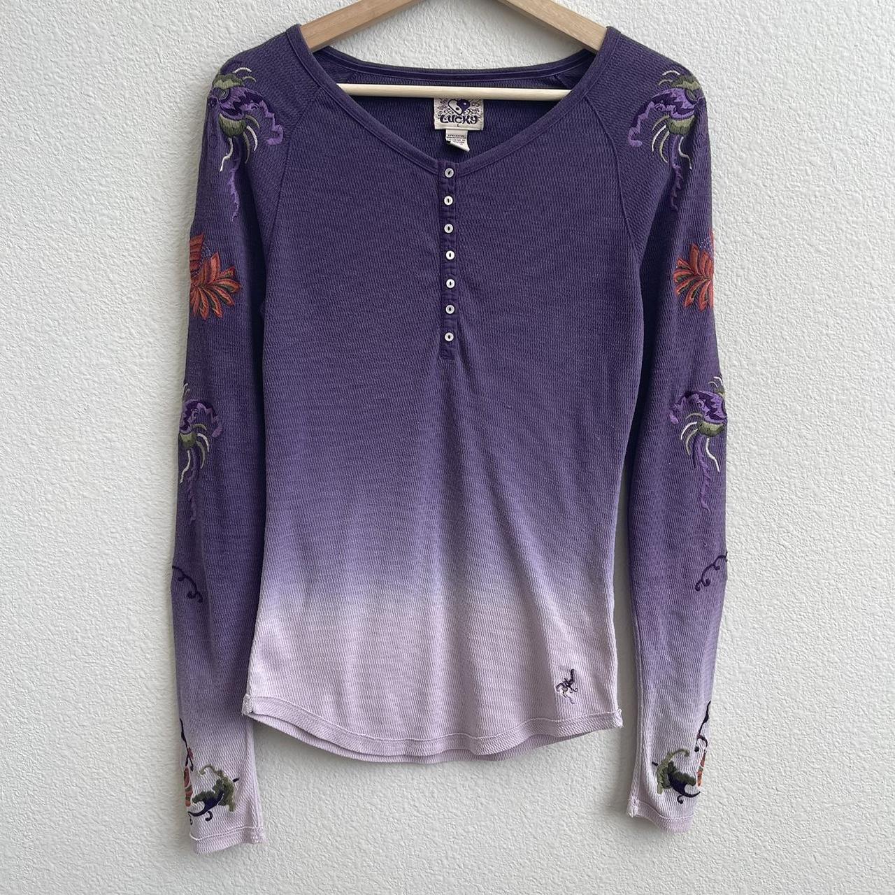 Lucky Brand, Tops, Lucky Brand Y2k Ombre Purple Knit Floral Embroidered  Long Sleeve Thermal Top