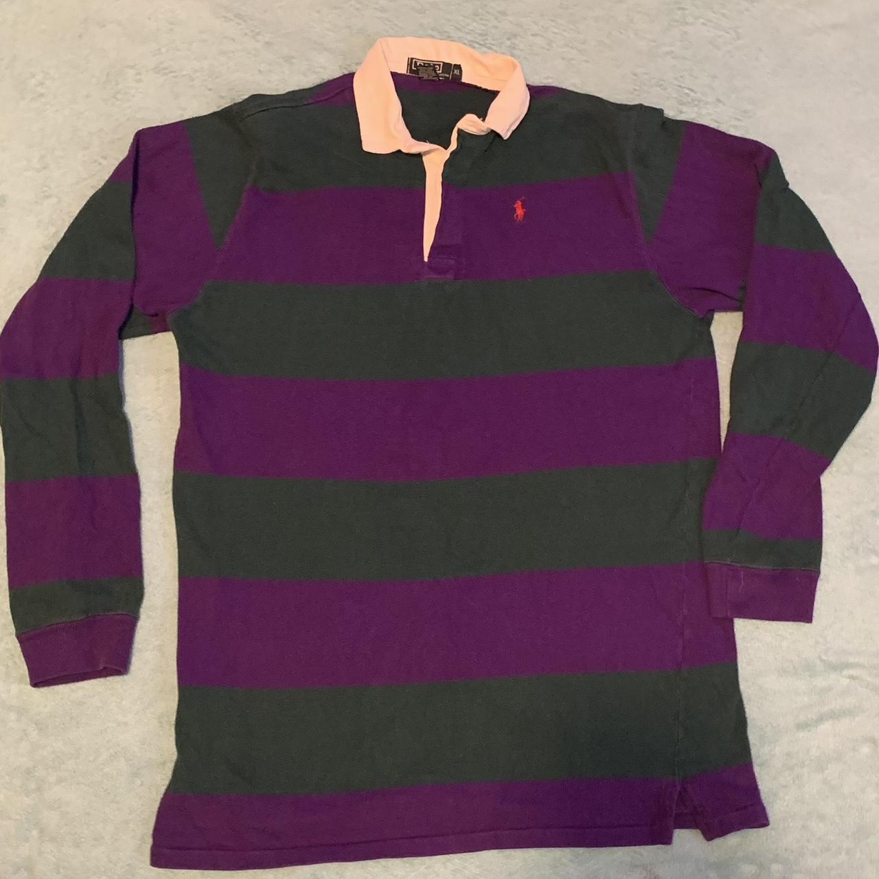 Made in USA vintage purple and green striped rugby... - Depop