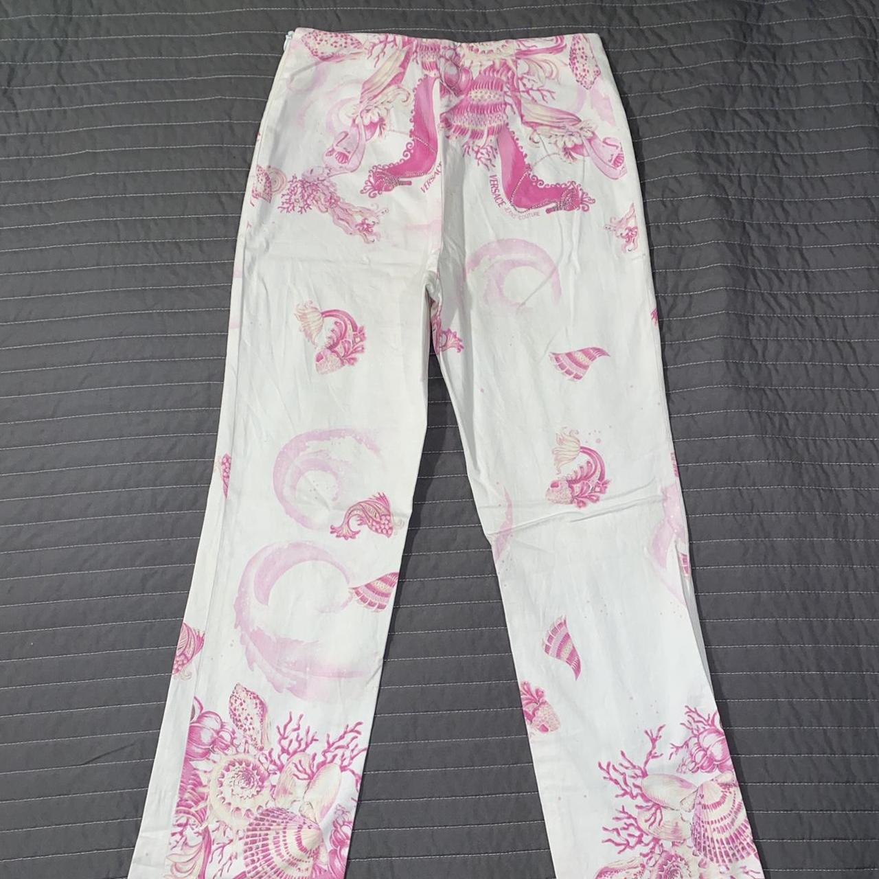 Versace Jeans Couture Women's White and Pink Trousers | Depop