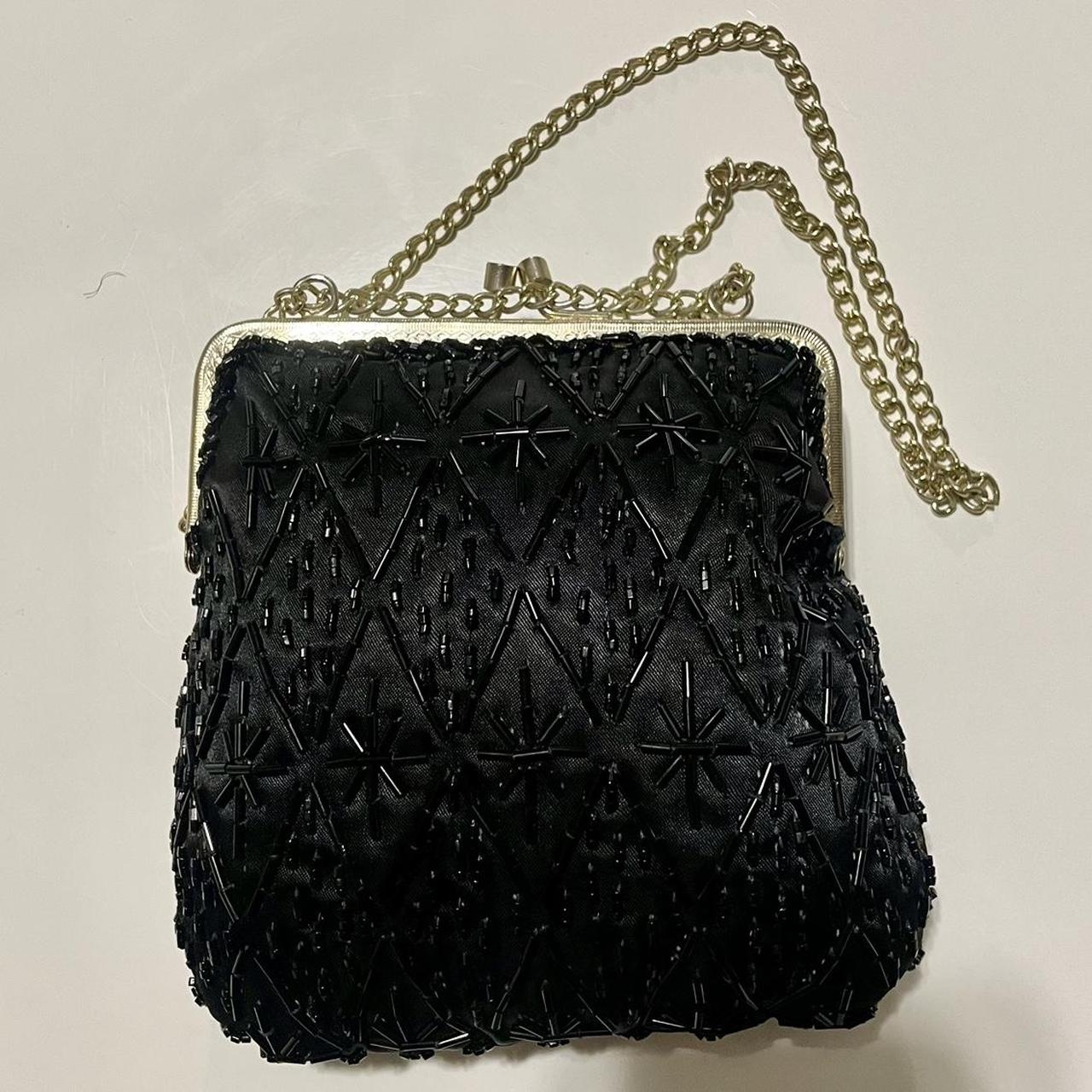 Vintage Black Satin Beaded Evening Bag Clutch 