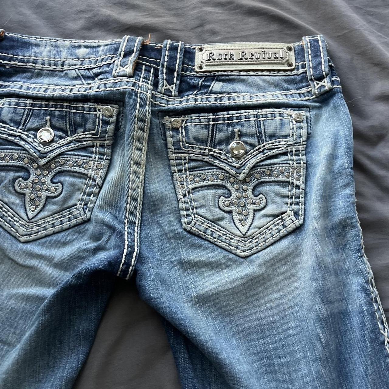 Rock revival light wash blue skinny jeans with... - Depop