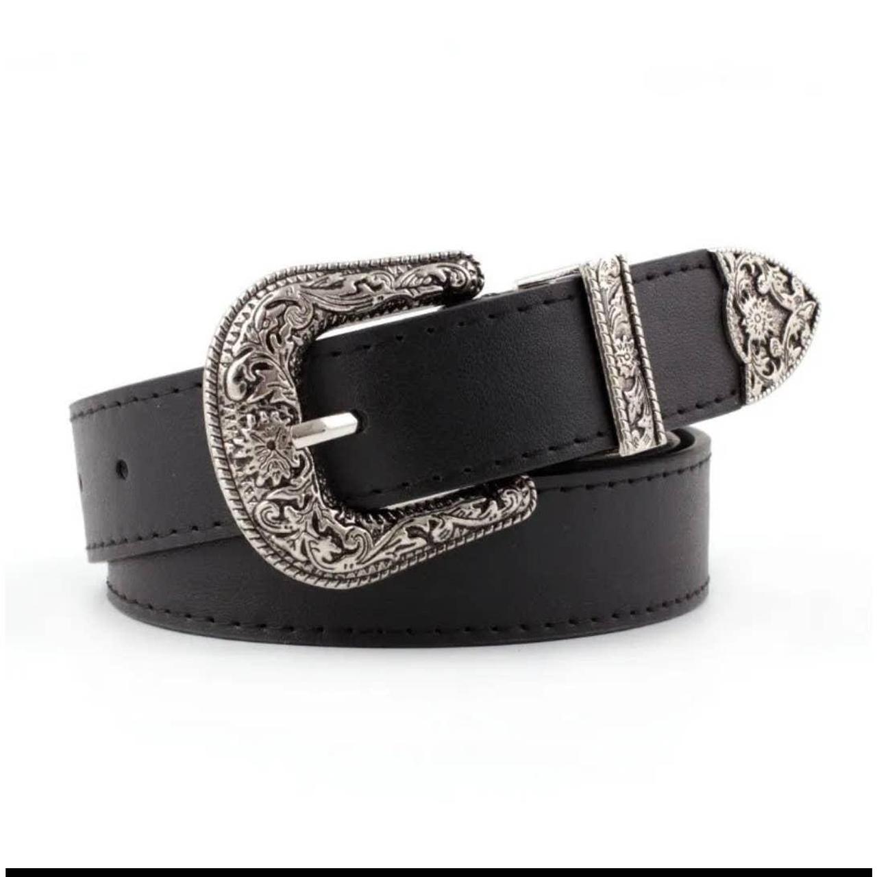 VTG Black Leather Western Silver Buckle - Depop