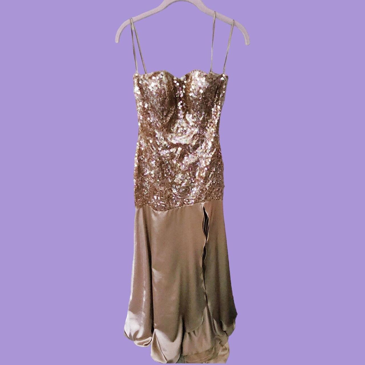 Dana Mathers Rose Gold Sequin Mermaid satin Prom Dress strapless lace up  long 2