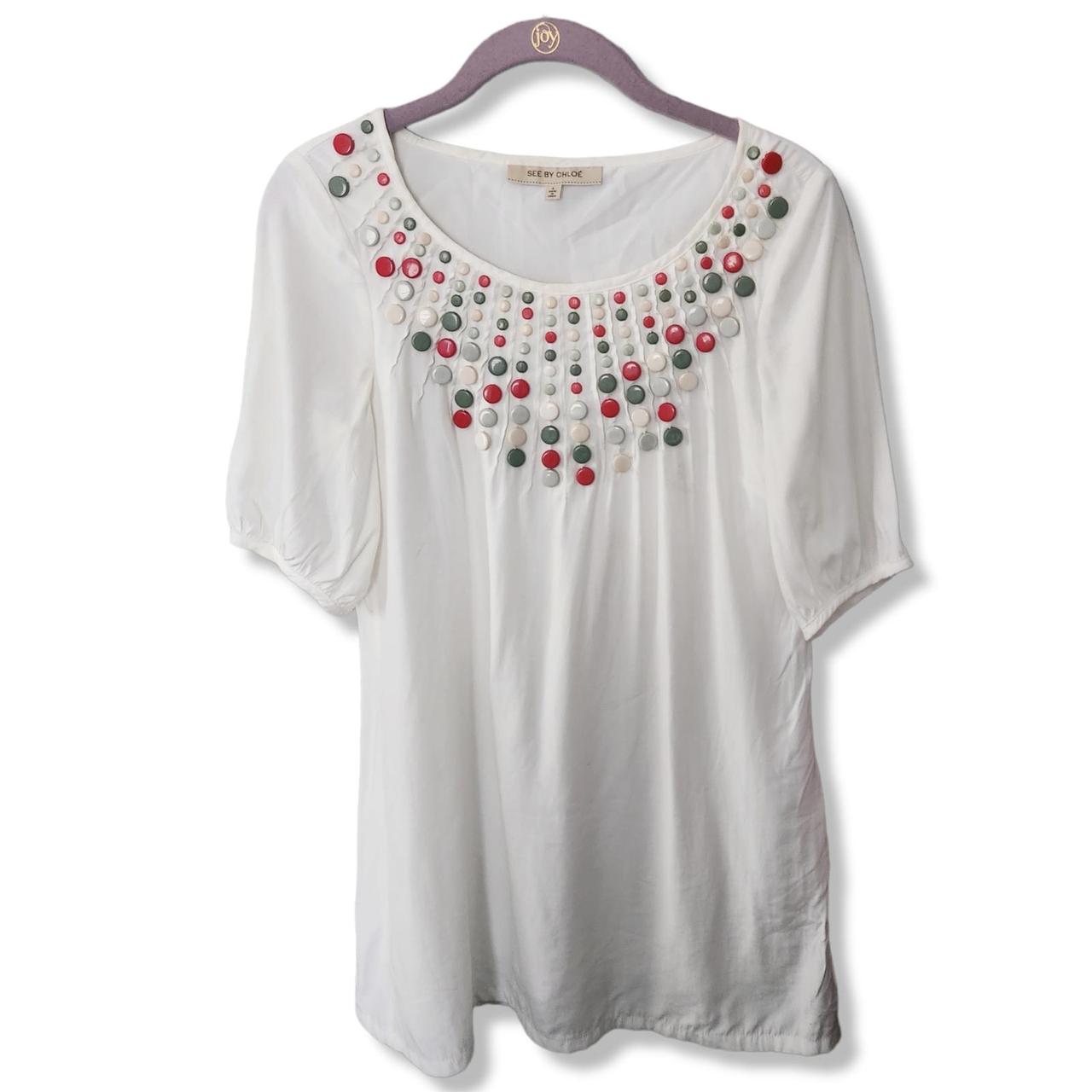 Chloe See white silk bead embellished blouse peasant selling top short sleeve Size 4 S