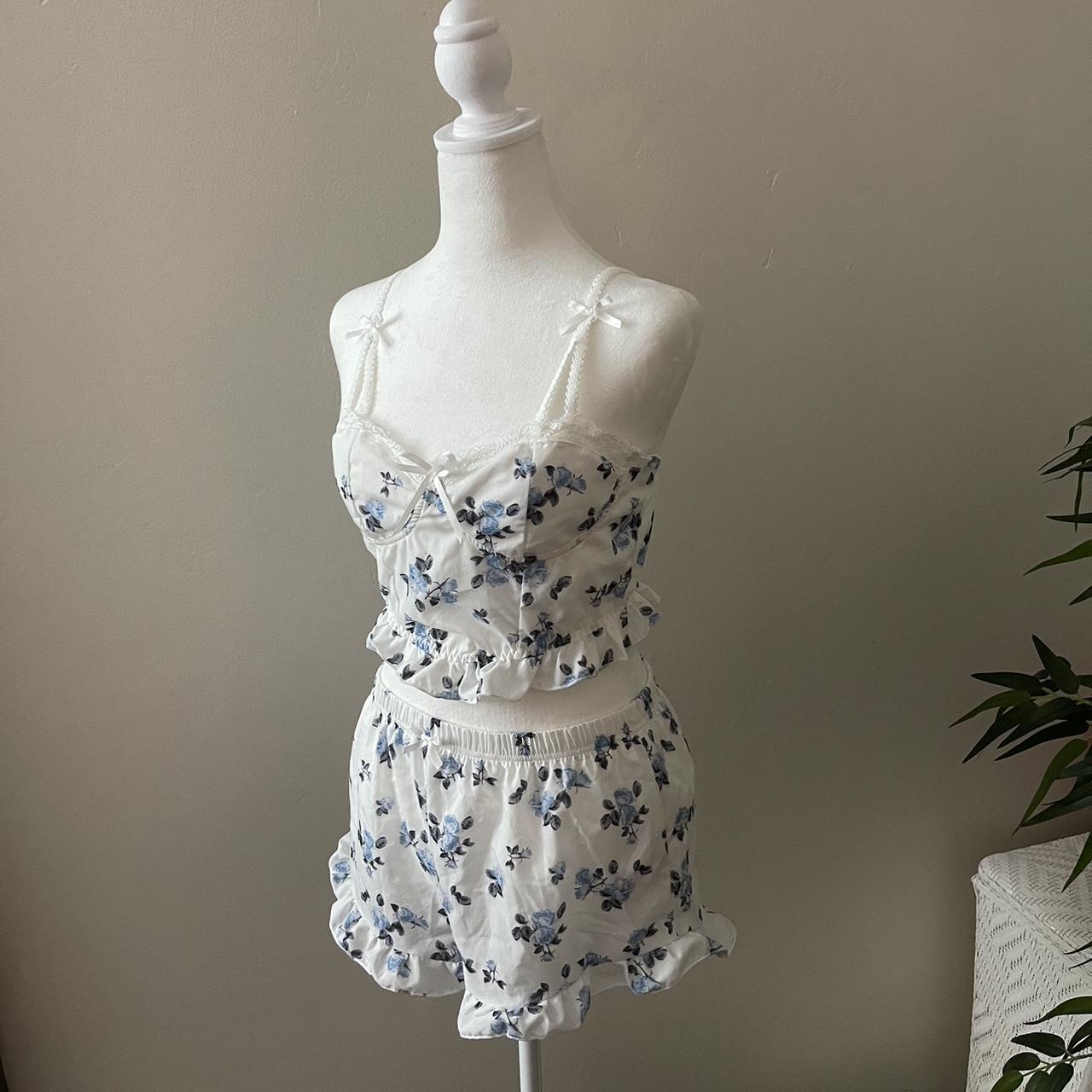 Beautiful baby blue and white floral frilly PJ set... - Depop
