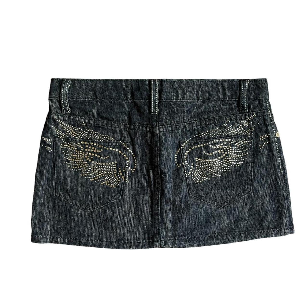 DARK BLUE DENIM MINI SKIRT WITH DIAMANTÉ ANGEL WINGS... - Depop