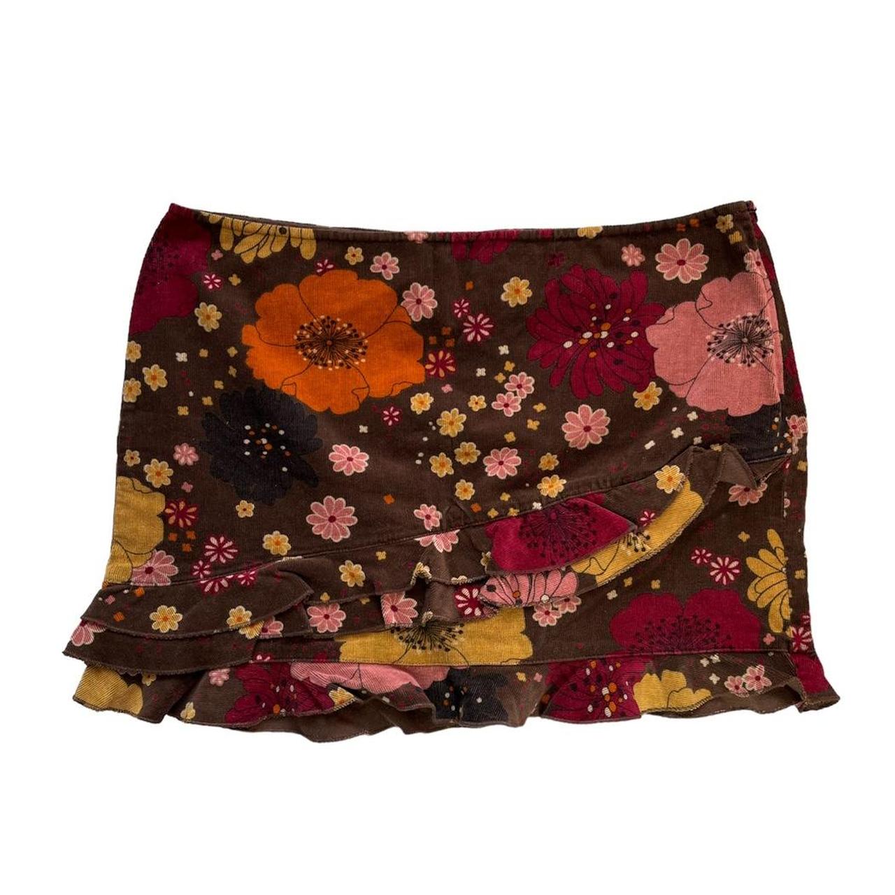 BROWN MULTICOLOURED ASYMMETRIC RUFFLE MINI SKIRT IN... - Depop