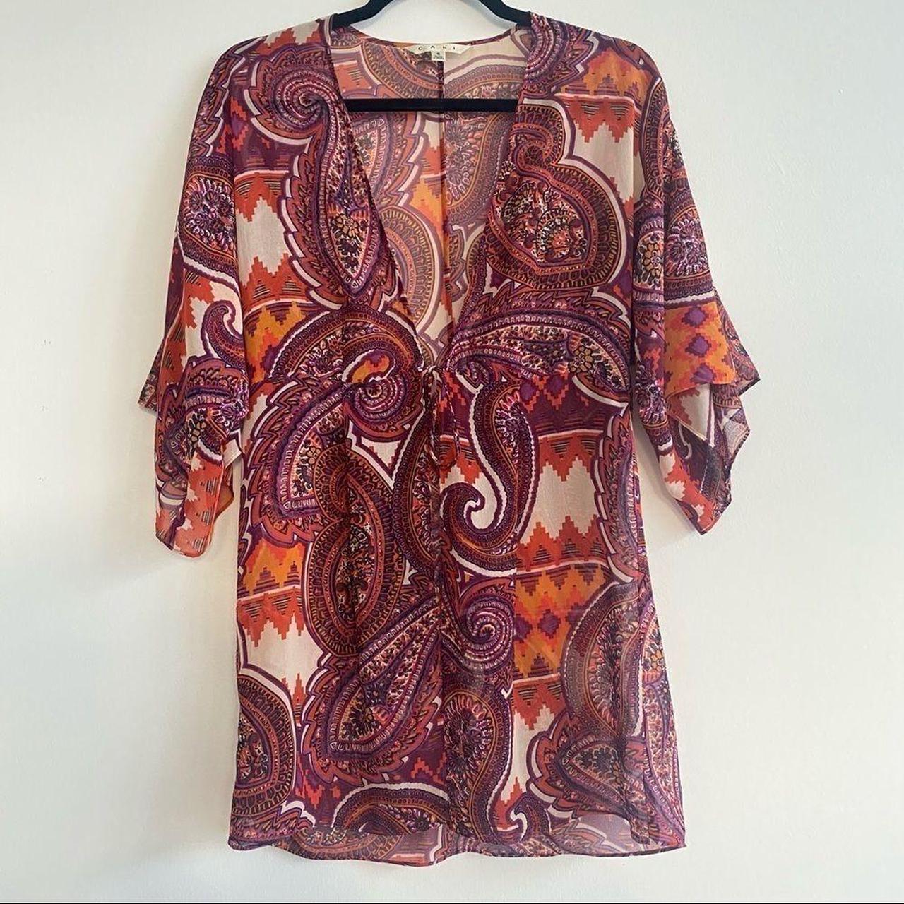 CABI Purple Paisley Sheer Front Tie Kimono/Coverup... - Depop