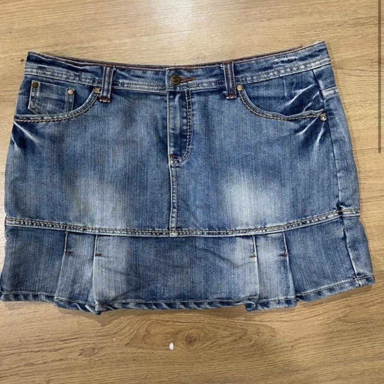 Vintage pleated denim mini skirt with embroidery on... - Depop